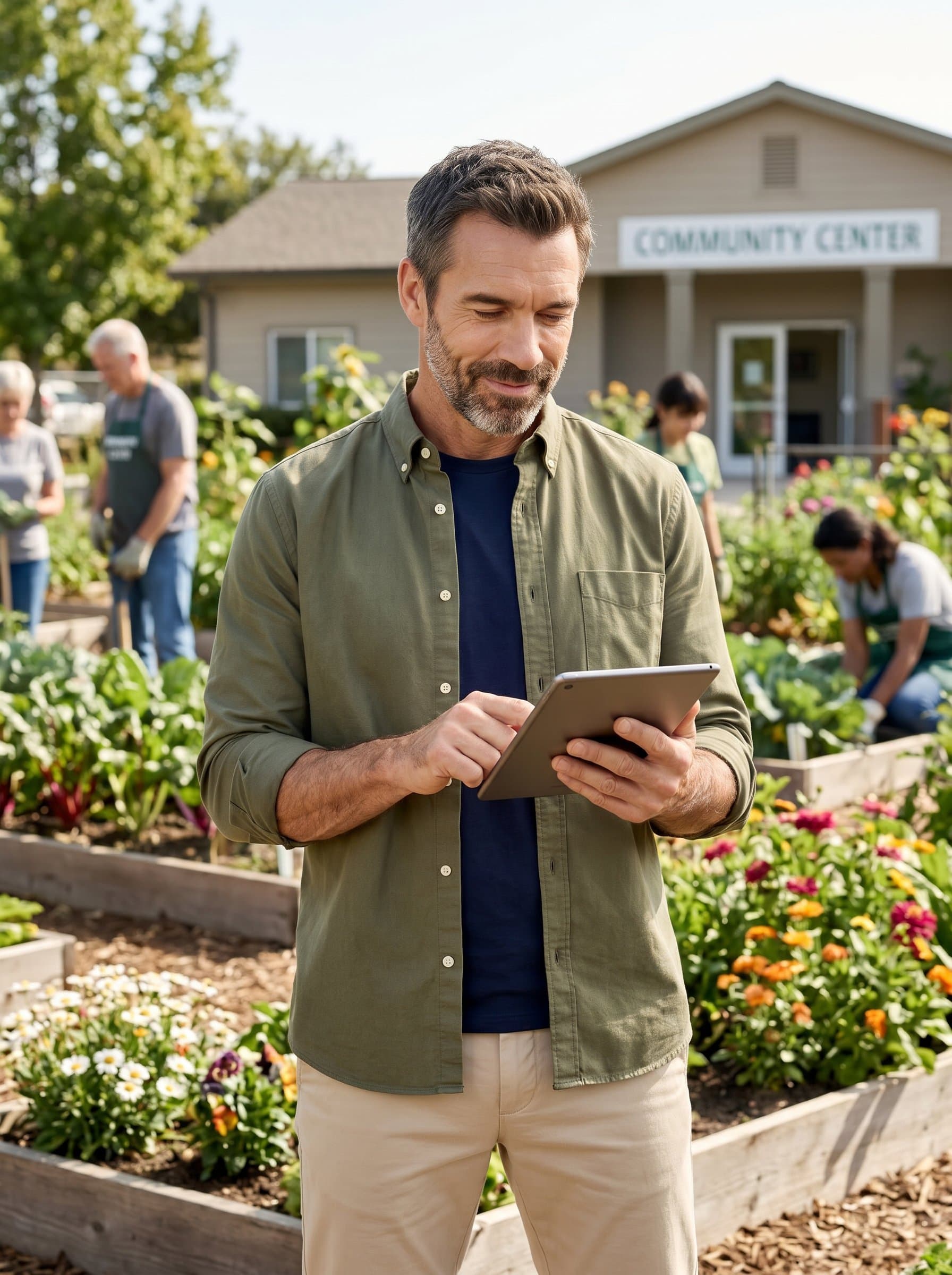 stands in a sunlit community garden, holding a tablet. They wear smart casual clothing, their expression shows empathy and competence, perfectly capturing the essence of community-focused social work. Photorealistic.