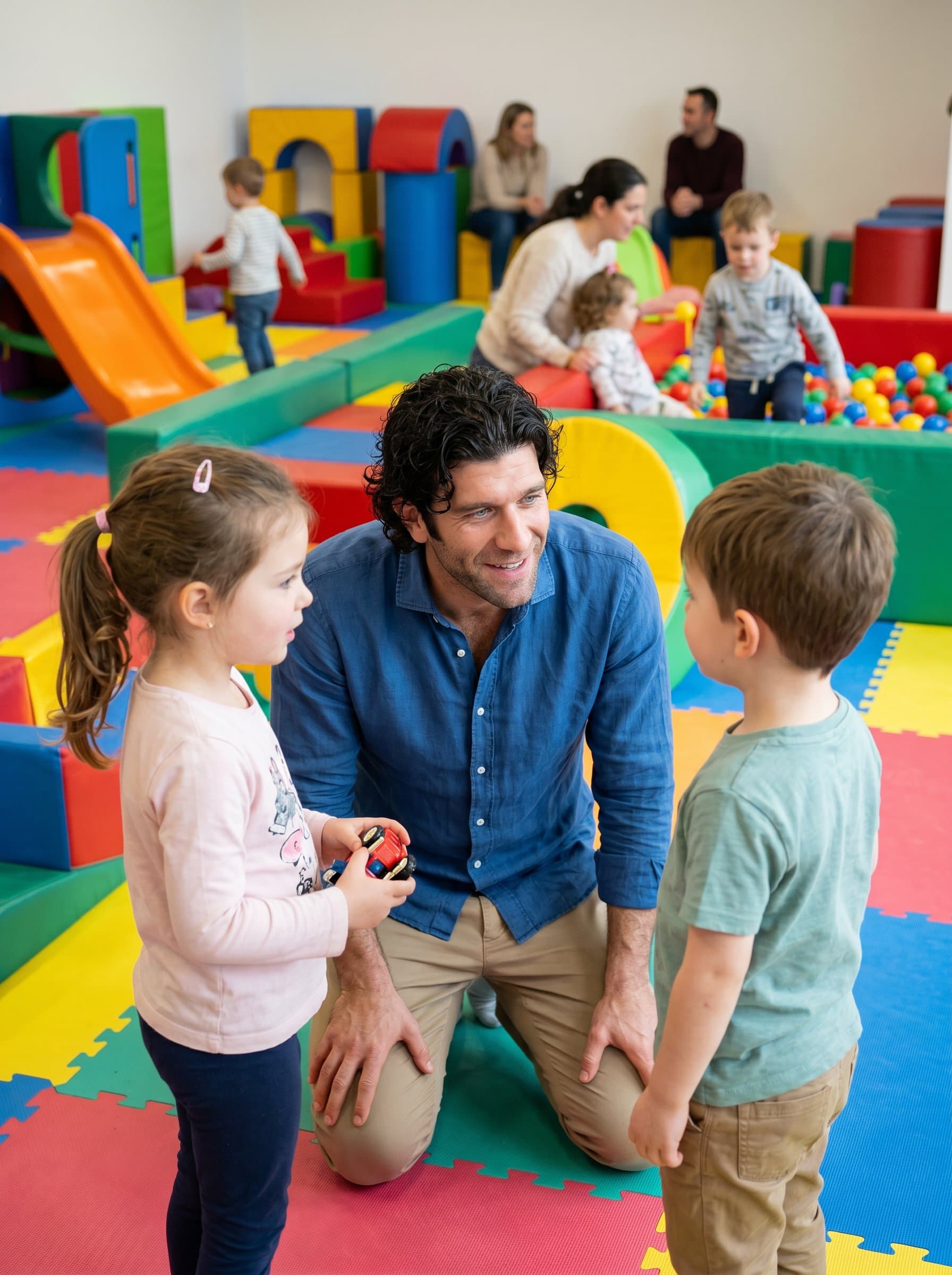 in a vibrant indoor play area, kneeling to talk to children, showcasing their warmth and engagement. The setting emphasizes their commitment to social work in family environments. Photorealistic.