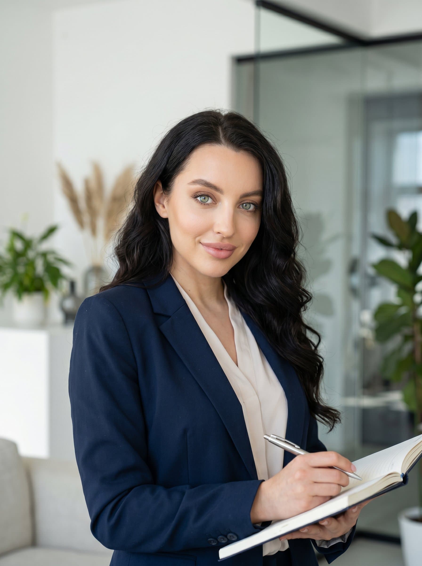 in a contemporary office with bright decor, pen in hand, ready for consultation. Their inviting expression reflects readiness to solve problems. Photorealistic.