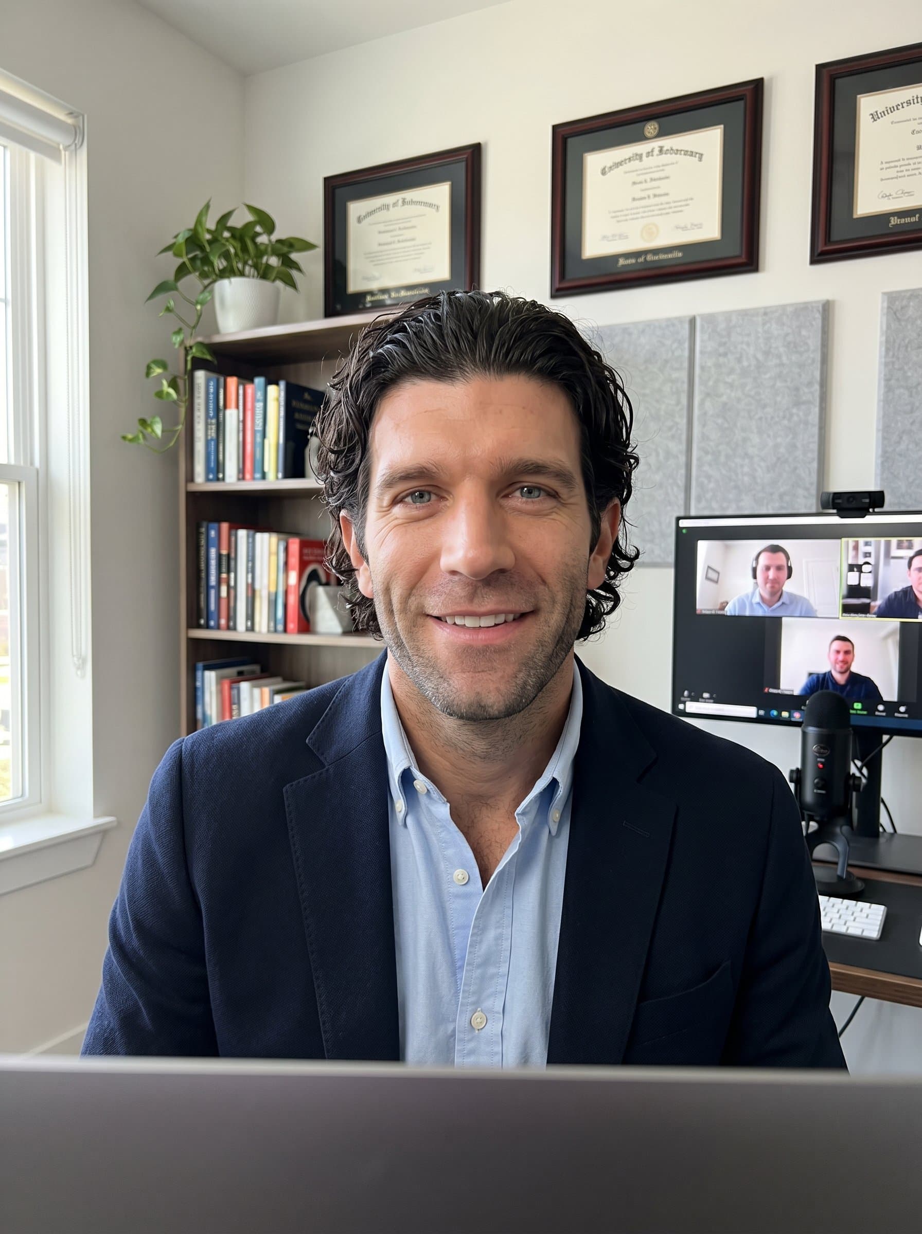 at a virtual meeting in a home office, with professional decor. Their confident, friendly expression and polished appearance ensure a professional yet approachable presence. Photorealistic.