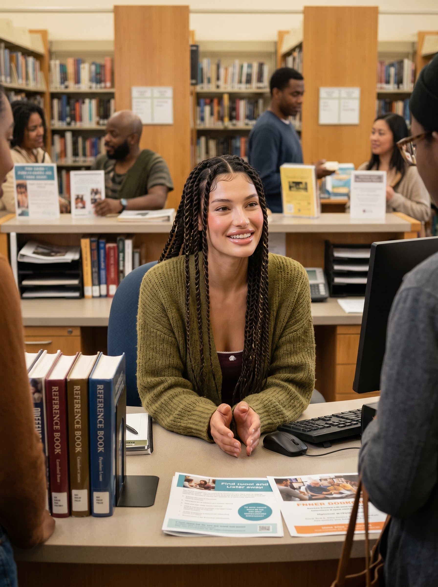 in a community library, surrounded by resources. Their thoughtful expression and open posture convey resourcefulness and readiness to assist. A warm atmosphere enhances trust. Photorealistic.