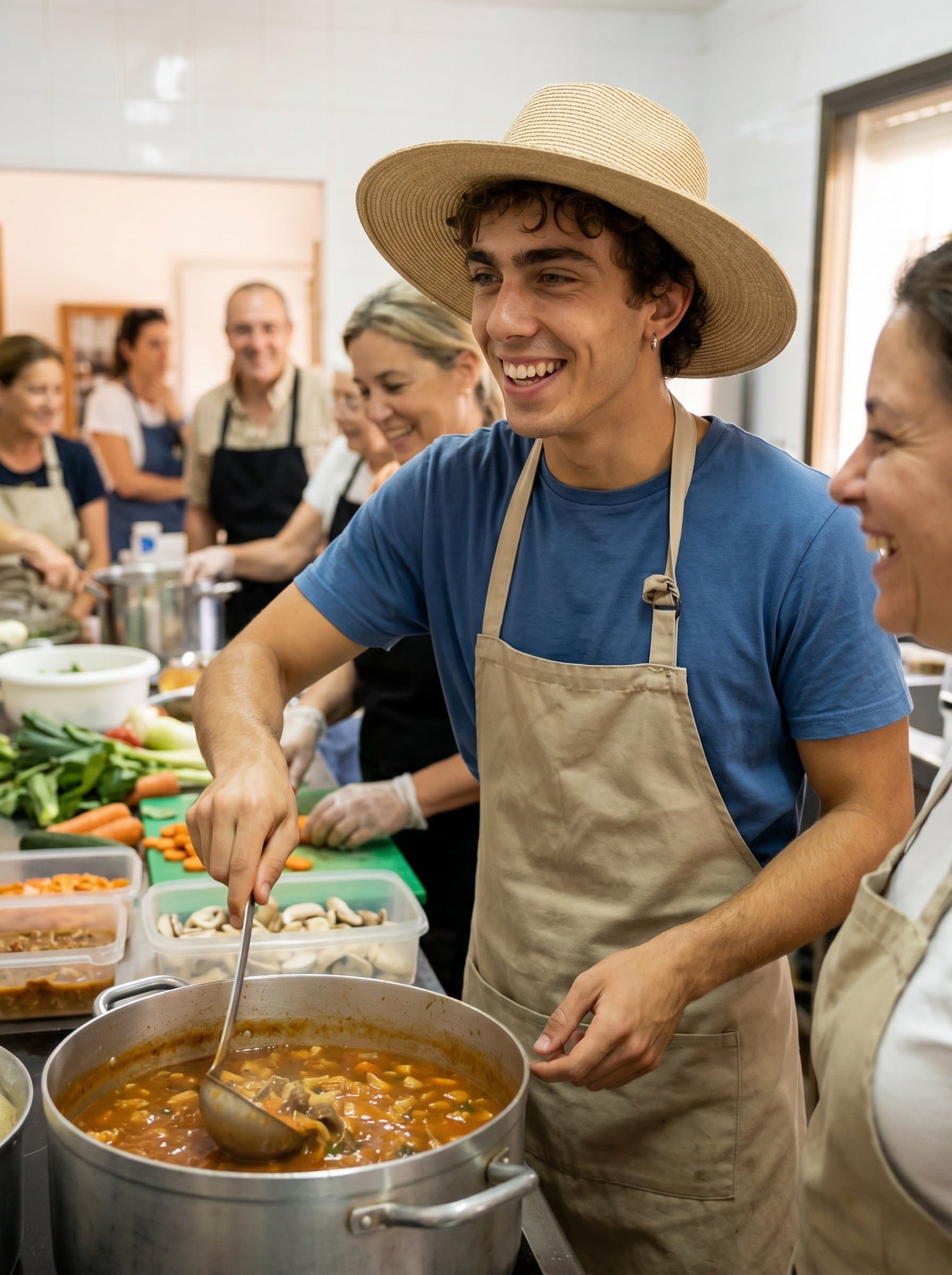 in a community kitchen, assisting with meal preparations. Their joyful expression and casual attire spotlight approachability and practical engagement. Photorealistic.