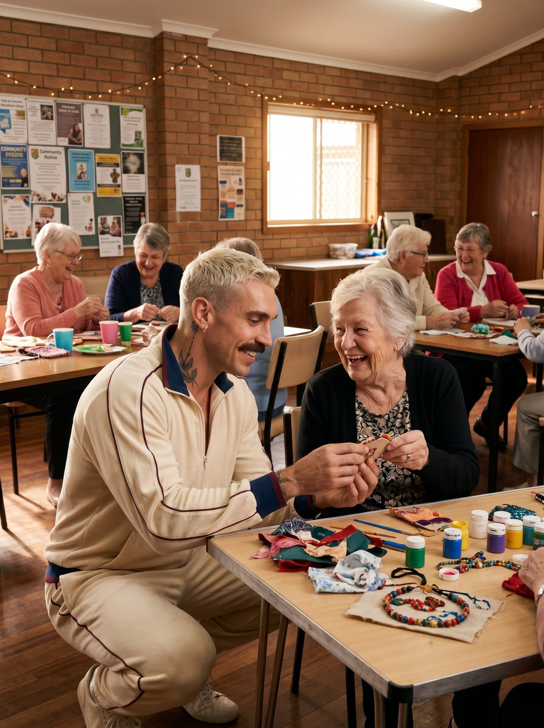 interacting with elderly individuals in a community hall, surrounded by crafts and laughter. Their compassionate expression and attentive stance reflect dedication to social care. Photorealistic.