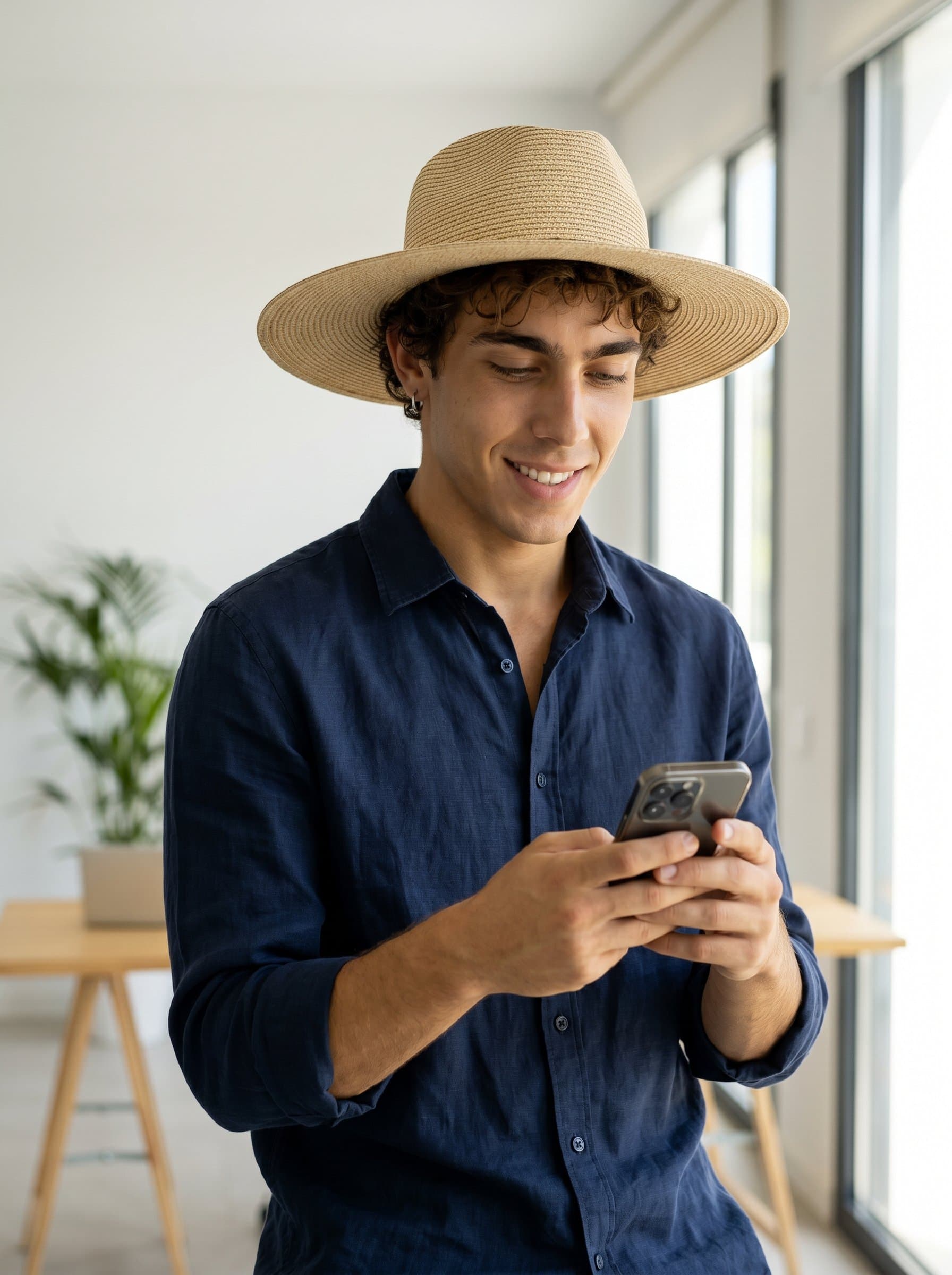 in a minimalist office with soft lighting, holding a phone. Their focused, warm expression and casual elegance convey professionalism and approachability. Photorealistic.