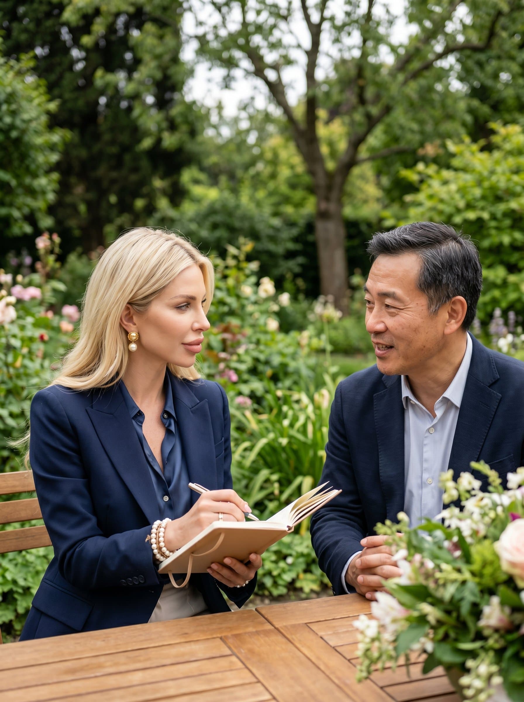 in a serene outdoor setting, notebook in hand, conversing with a diverse client. Their empathetic gaze and professional attire embody balance of care and capability. Photorealistic.