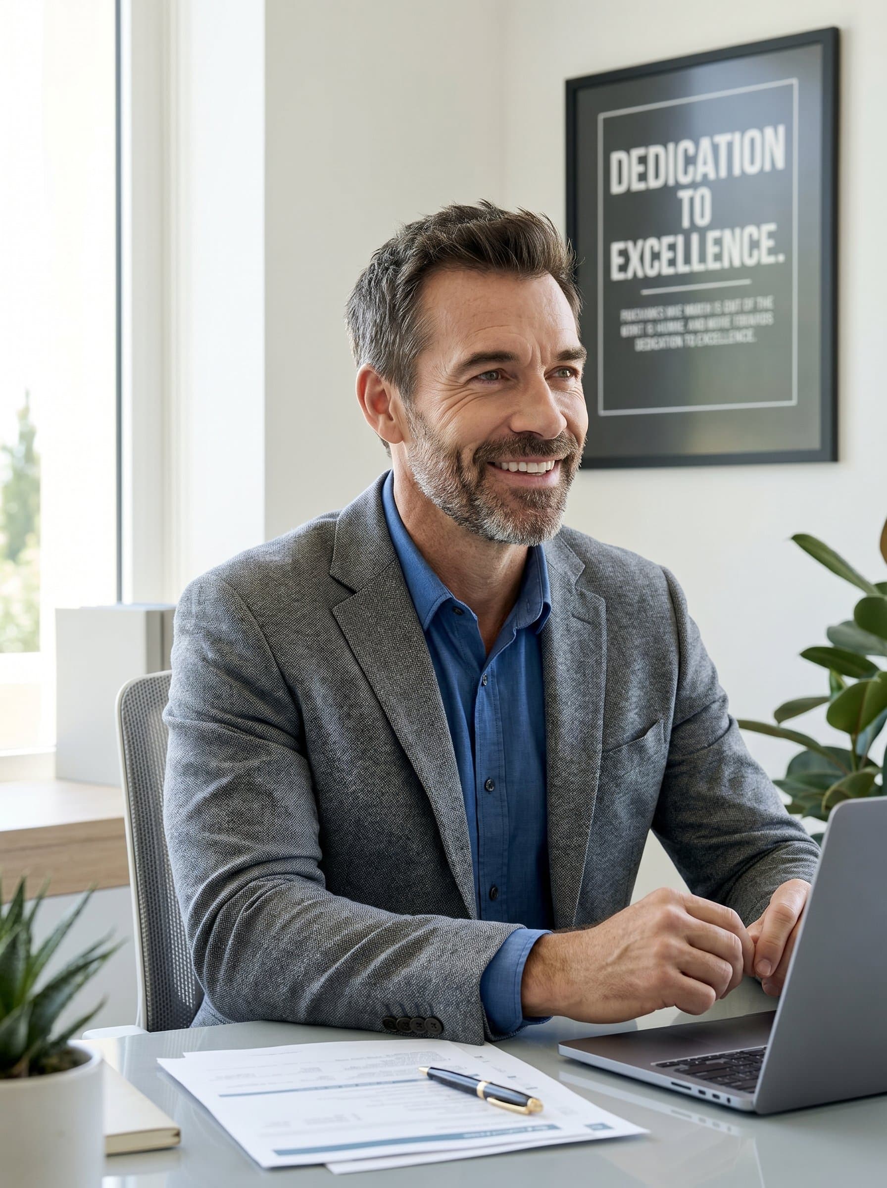 in a bright, welcoming office, with a motivational poster on the wall. Their approachable smile and attentive expression highlight dedication to client well-being. Photorealistic.