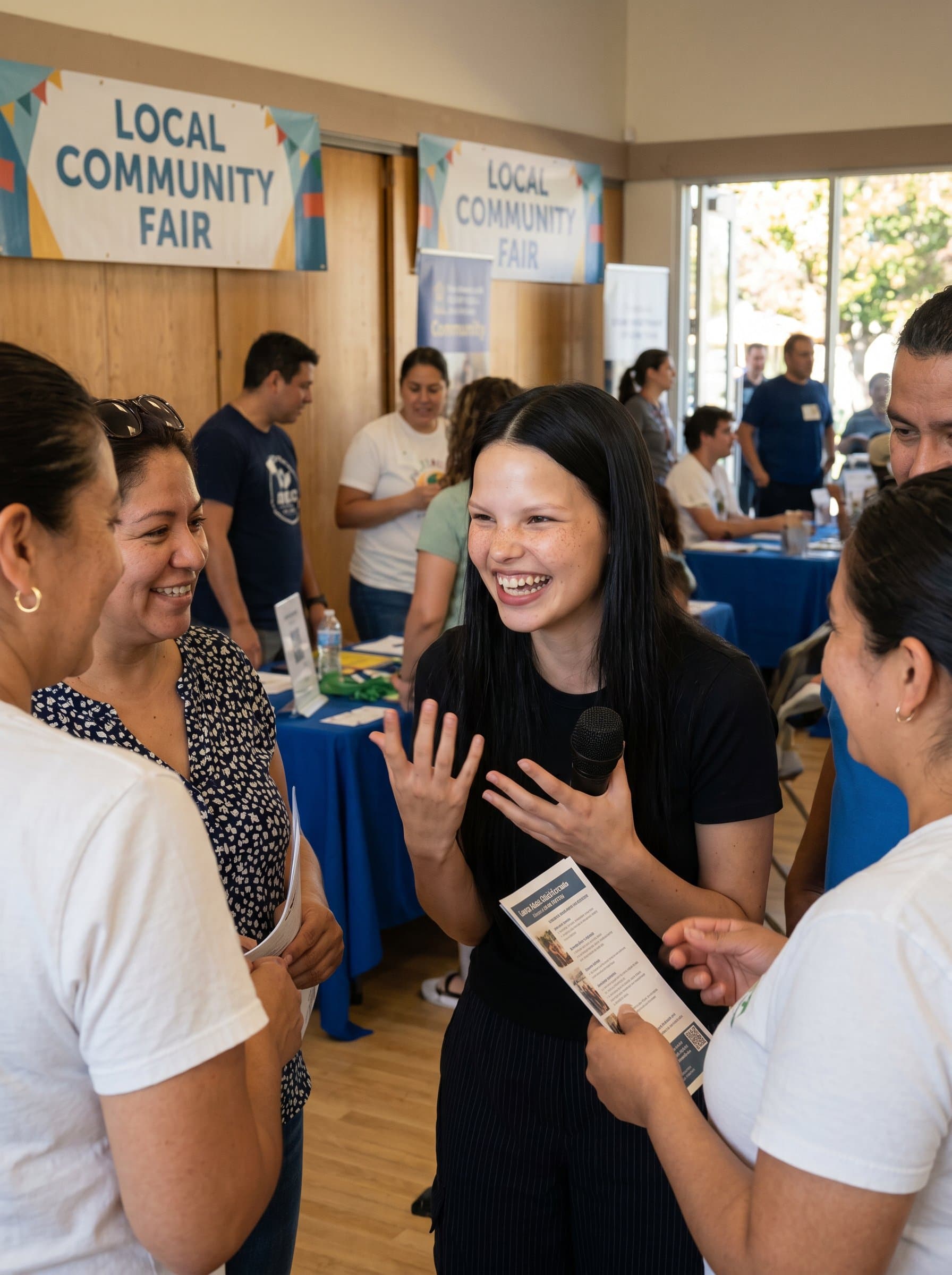 in a lively community event, engaging with attendees. Their energy and friendliness are palpable, underscoring their effectiveness in social settings. Photorealistic.