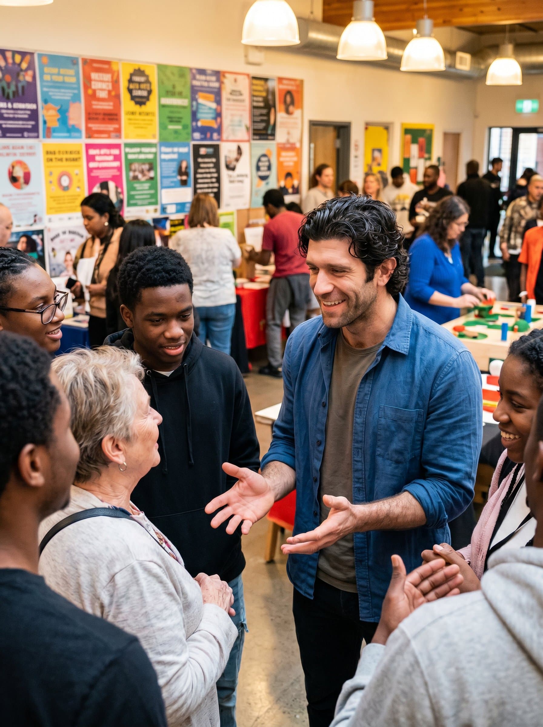 at a bustling community center, conversing with diverse group members in vibrant surroundings. Their friendly smile and open body language convey approachability and trustworthiness. Photorealistic.