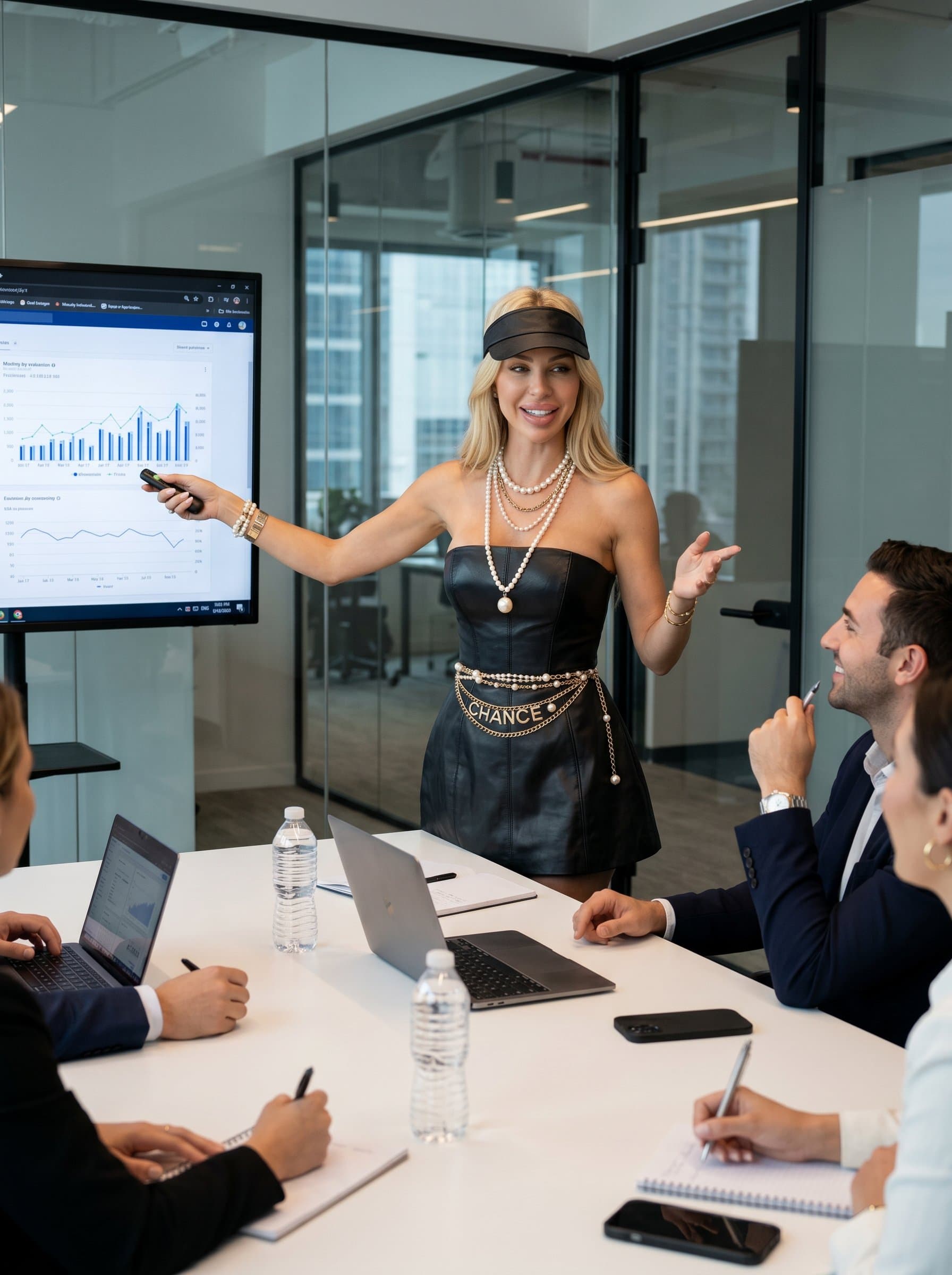 in a modern conference room, presenting to colleagues. Their poised posture and engaging expression demonstrate leadership and expertise. Photorealistic.