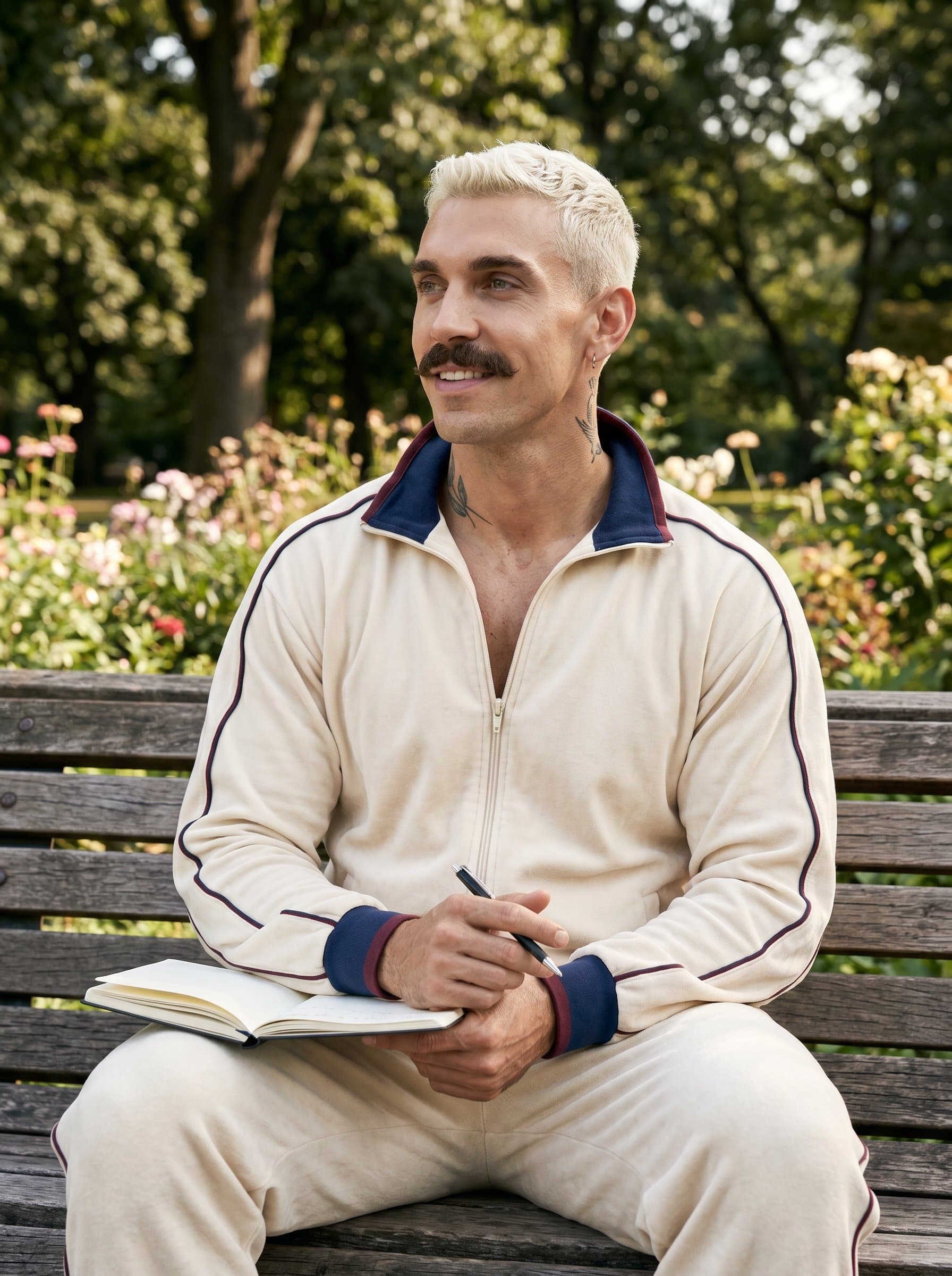 in a tranquil park, notebook on their lap, deep in thought. Their serene smile and relaxed posture highlight their reflective nature in social work. Photorealistic.
