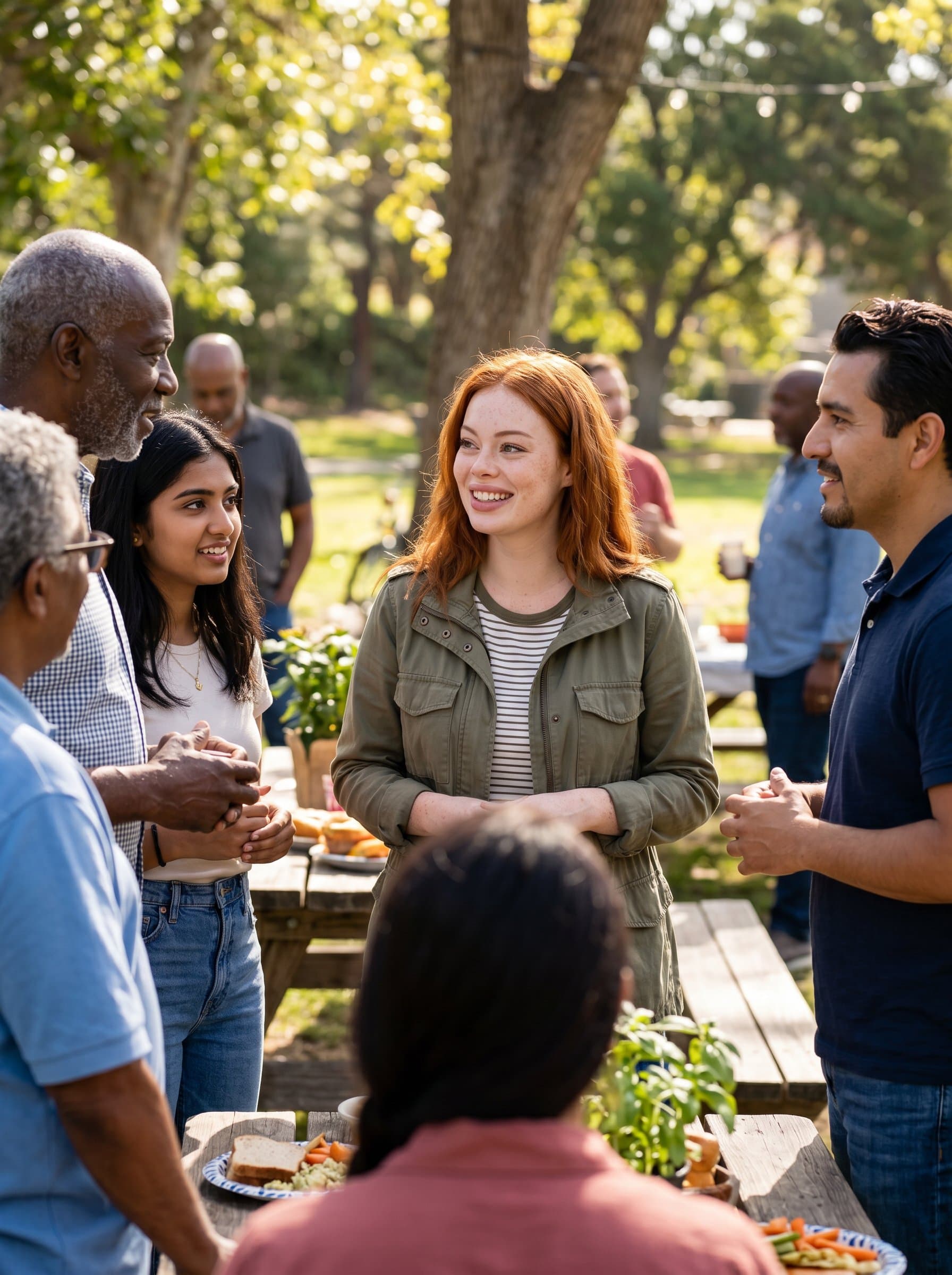 outdoors, surrounded by diverse people in discussion. Their confident, empathetic demeanor and casual attire show adaptability in community roles. Photorealistic.