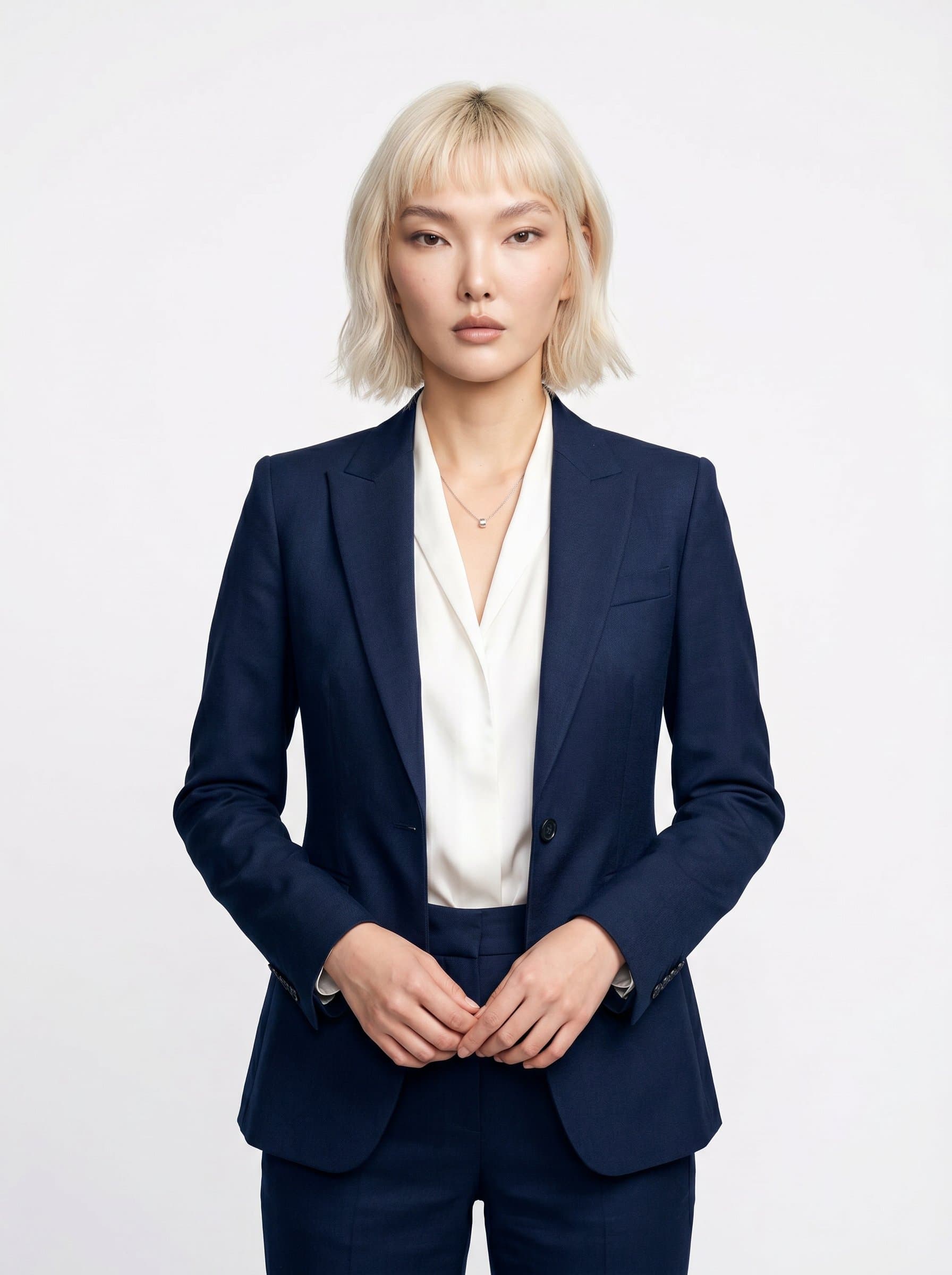 Under soft studio lights, in a minimalist white backdrop, wears a tailored suit. Their neutral expression and straight posture exude professionalism and dependability, tailored for press portraits.