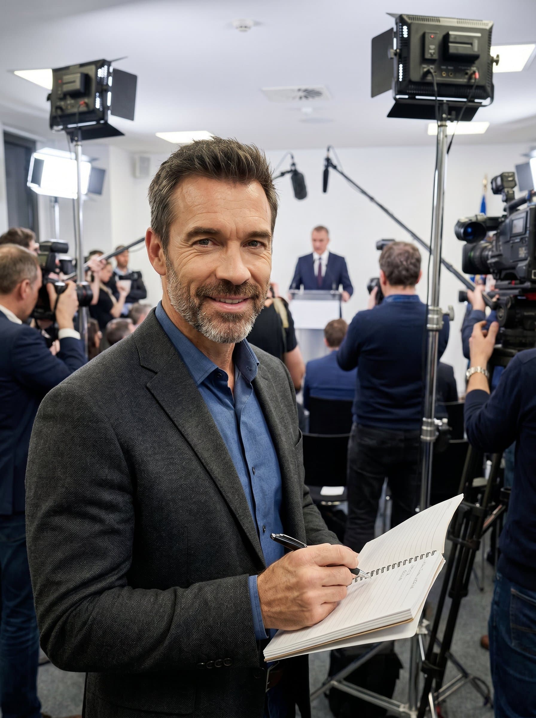 In a bustling press room, stands out amidst the activity, holding a notebook and pen. Their direct gaze and slight smile convey both confidence and warmth, captured in a photorealistic style.