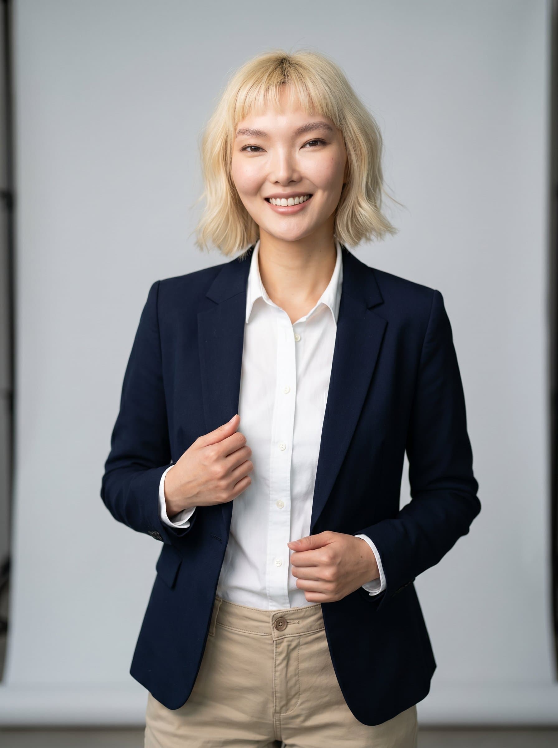 Captured in a studio with soft, diffused lighting, wears a smart-casual outfit. Their approachable smile and relaxed posture radiate warmth, inviting trust and confidence.