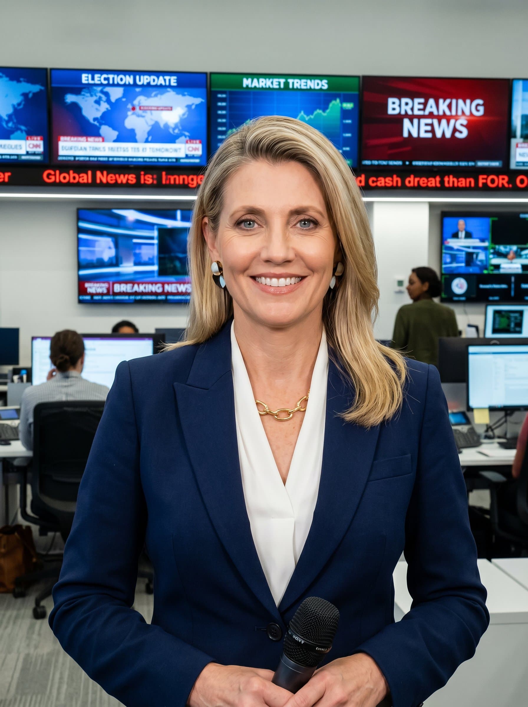 A confident journalist in a modern newsroom setting, surrounded by digital screens displaying global news. stands out with a focused expression and a crisp blazer, conveying authority and approachability in high-definition clarity.