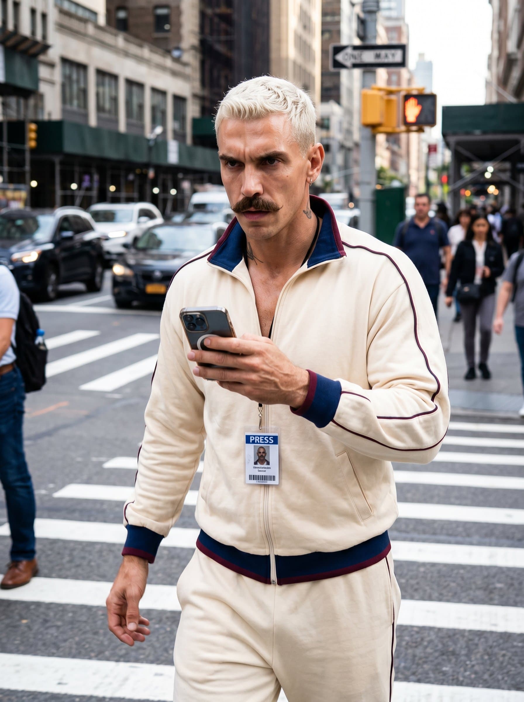On a busy street, is at a crosswalk holding a smartphone. Their modern attire and sharp focus create an image of an on-the-go journalist always chasing the latest story.