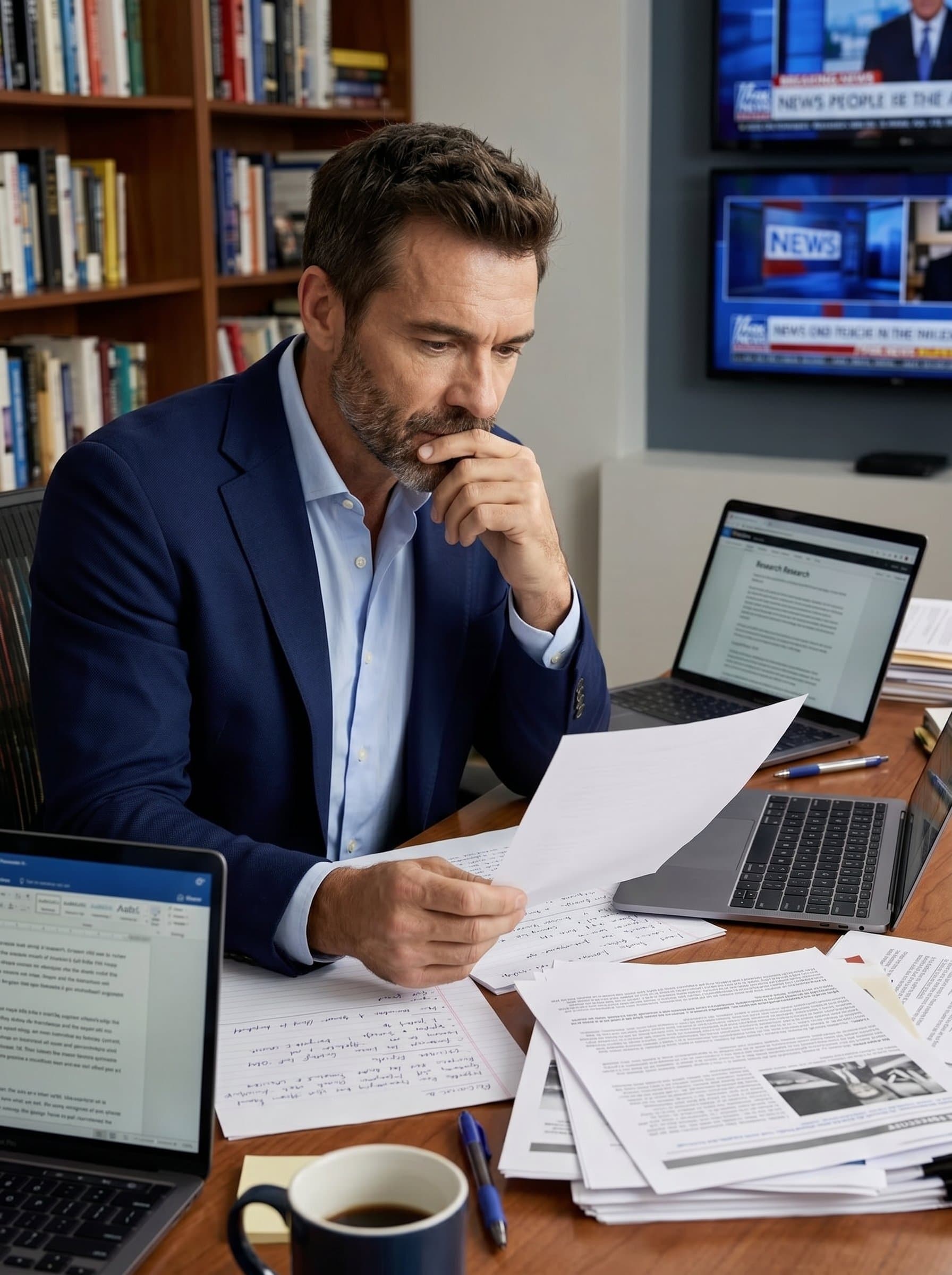 appears at a wooden desk, cluttered with notes and a laptop. Their thoughtful expression and casual, yet polished attire convey the journalist's mix of creativity and professionalism.