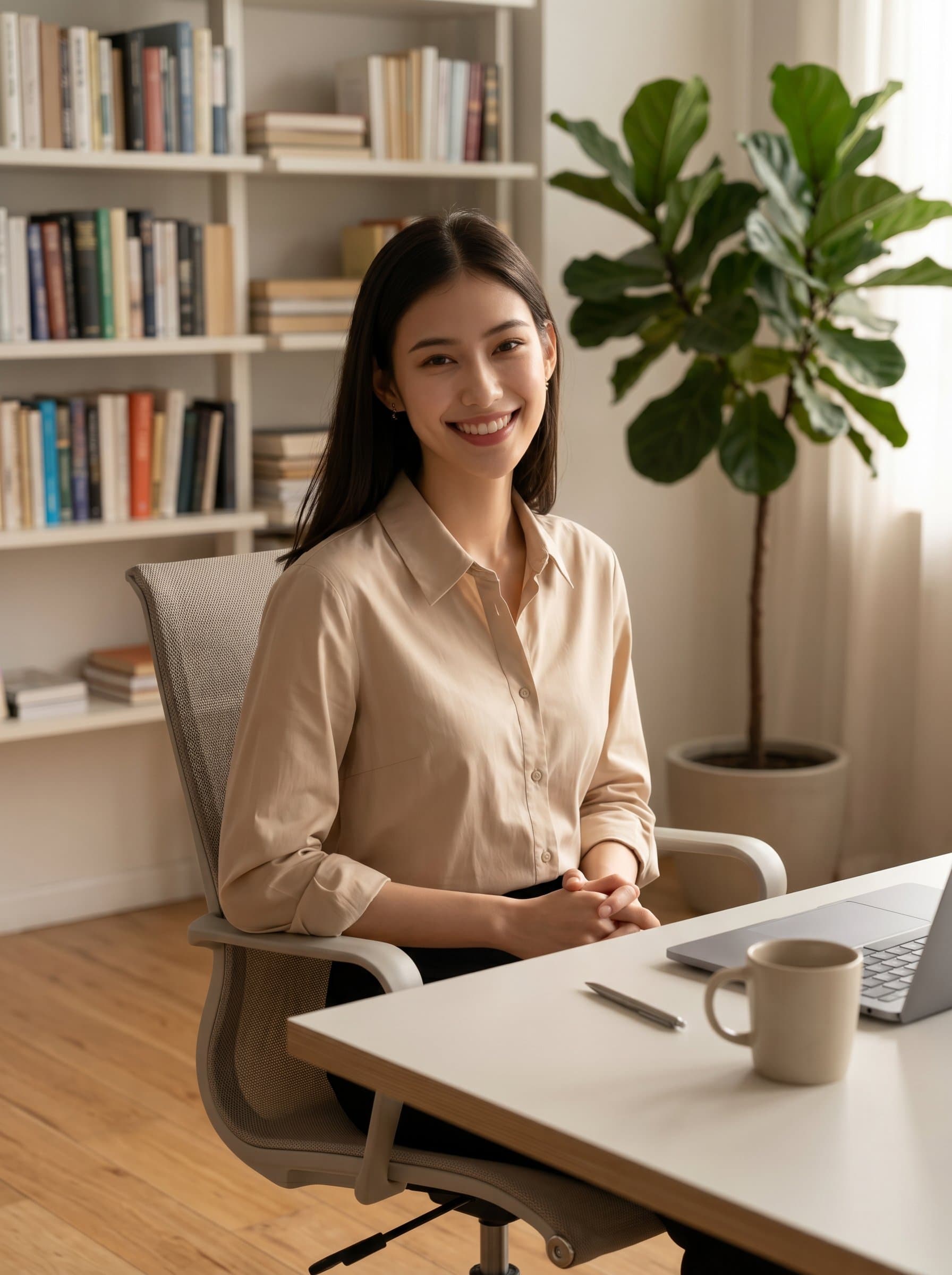 is in a minimalist office, wearing a classic button-up shirt. Their relaxed yet poised posture against a soft-focus backdrop of books and plants suggests a blend of intellect and approachability.