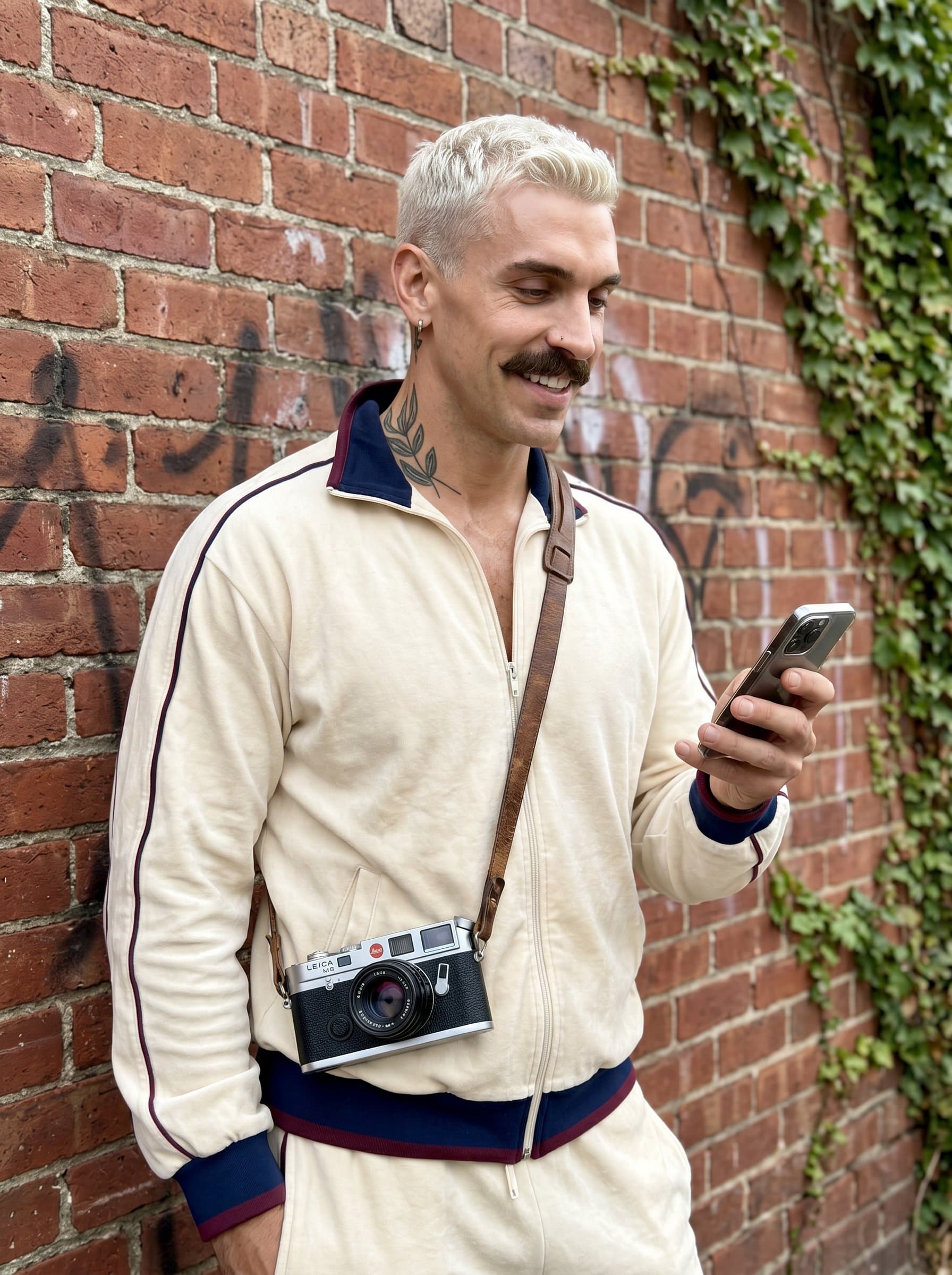 With a classic camera slung over their shoulder, stands against a brick wall. Their contemporary attire and engaged look reflect the essence of a seasoned yet innovative media storyteller.