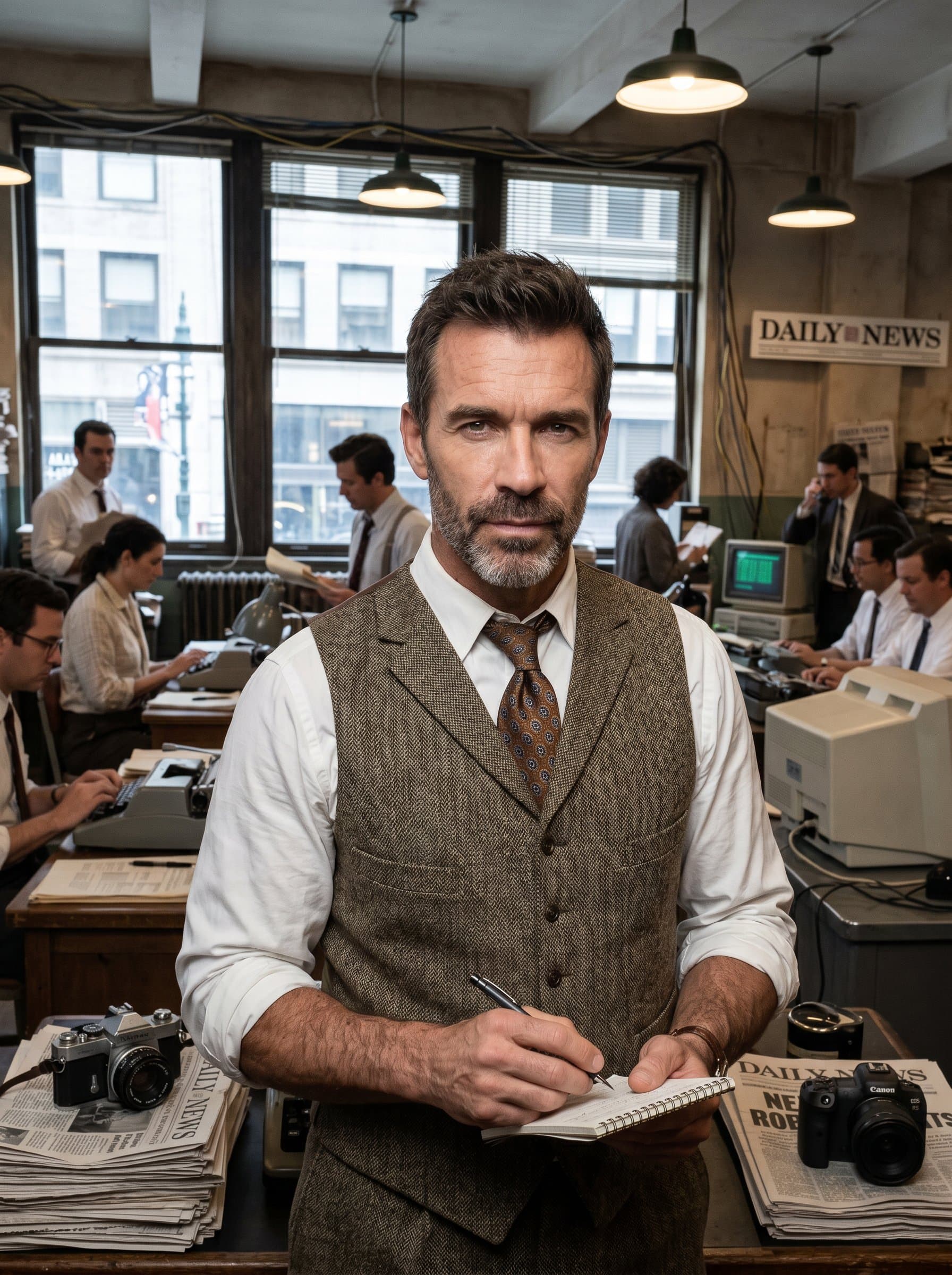 In a rustic newsroom, wears a vintage-inspired vest and tie. Their focused eyes and confident stance convey a timeless journalistic ethos, marrying classic style with modern flair.