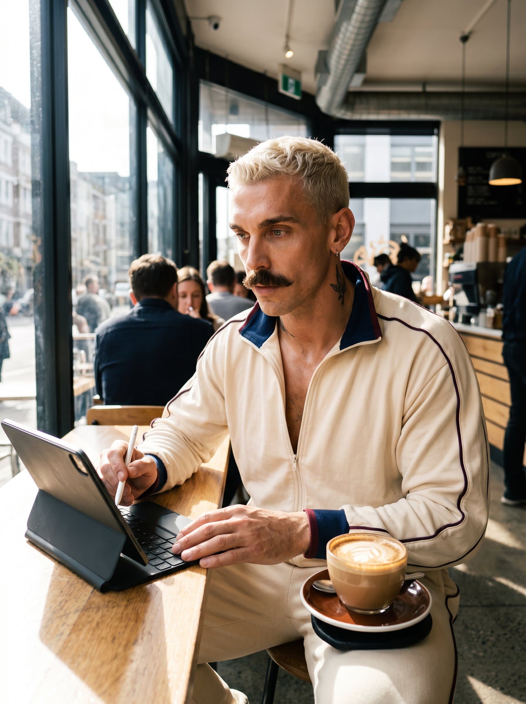In an urban cafe, sits with a tablet and a steaming cup of coffee. Natural light floods the scene, highlighting their attentive demeanor and stylish attire, embodying a modern media professional.