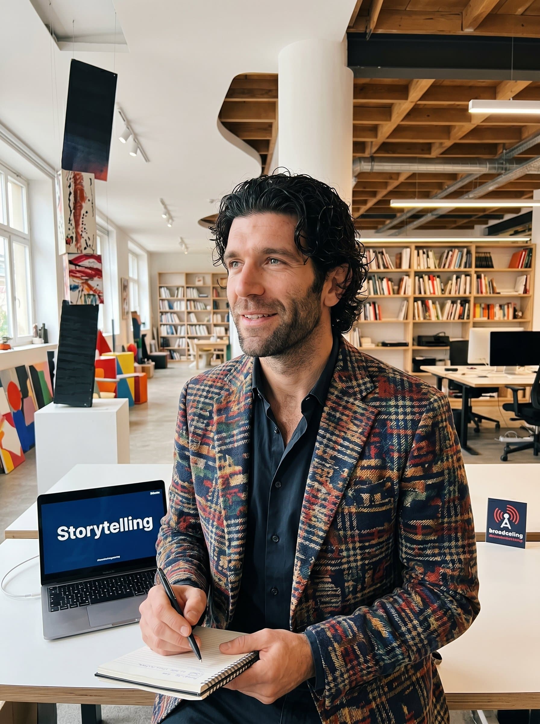 is captured in an artfully designed office space, wearing a modern, colorful outfit. Their artistic yet professional appearance and thoughtful gaze suggest a creative approach to news storytelling.