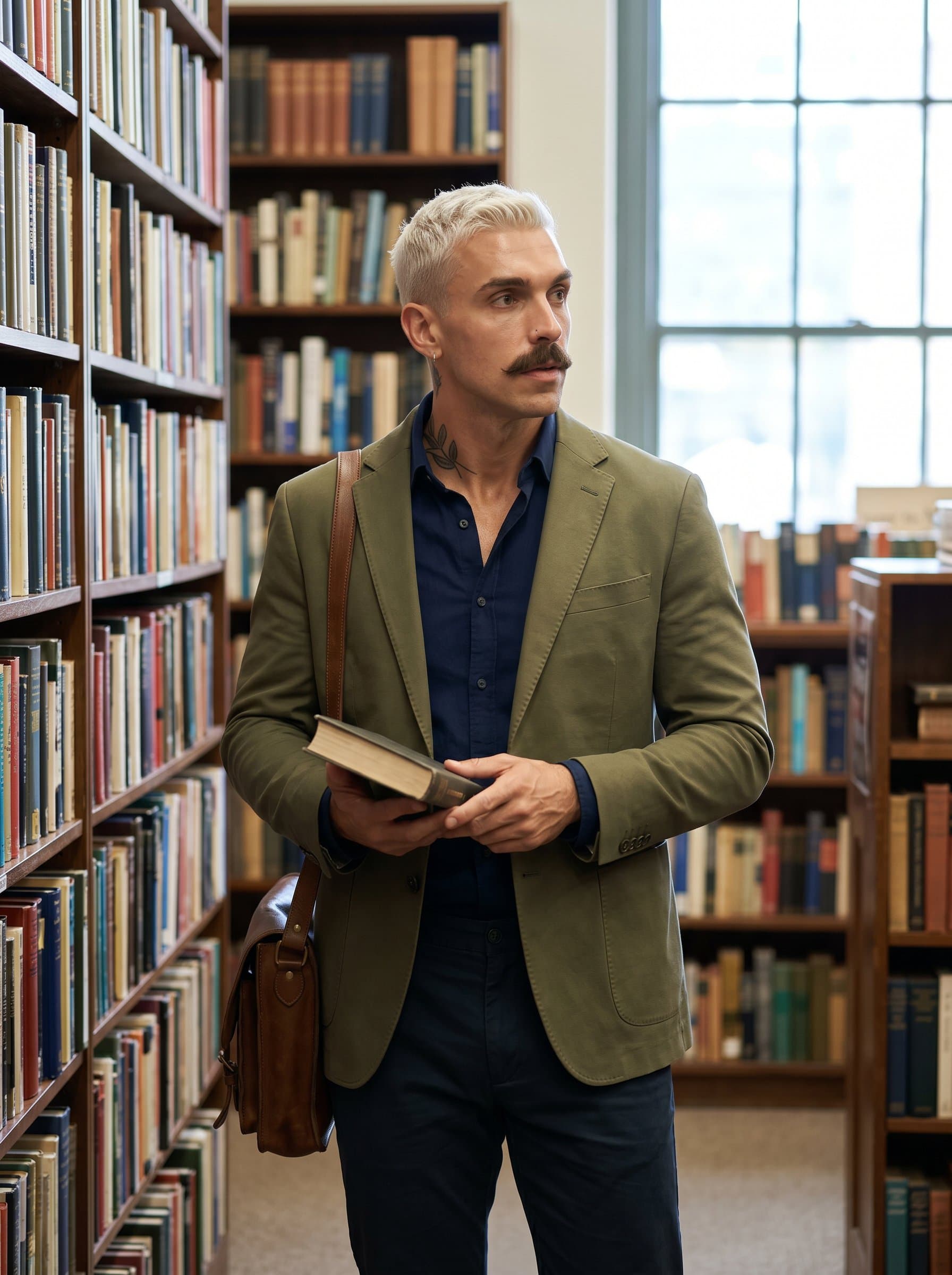 In a library, is captured amidst towering bookshelves. Their inquisitive gaze and smart-casual attire reflect a dedication to knowledge and truth, essential qualities for a media professional.