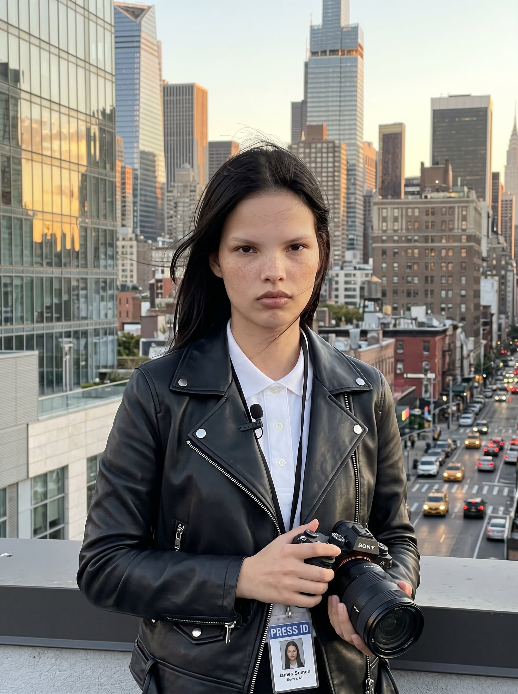 On a rooftop with a cityscape behind, wears a sleek jacket. The wind tousles their hair slightly, adding dynamism to the composed expression that suggests a readiness to capture the next big story.
