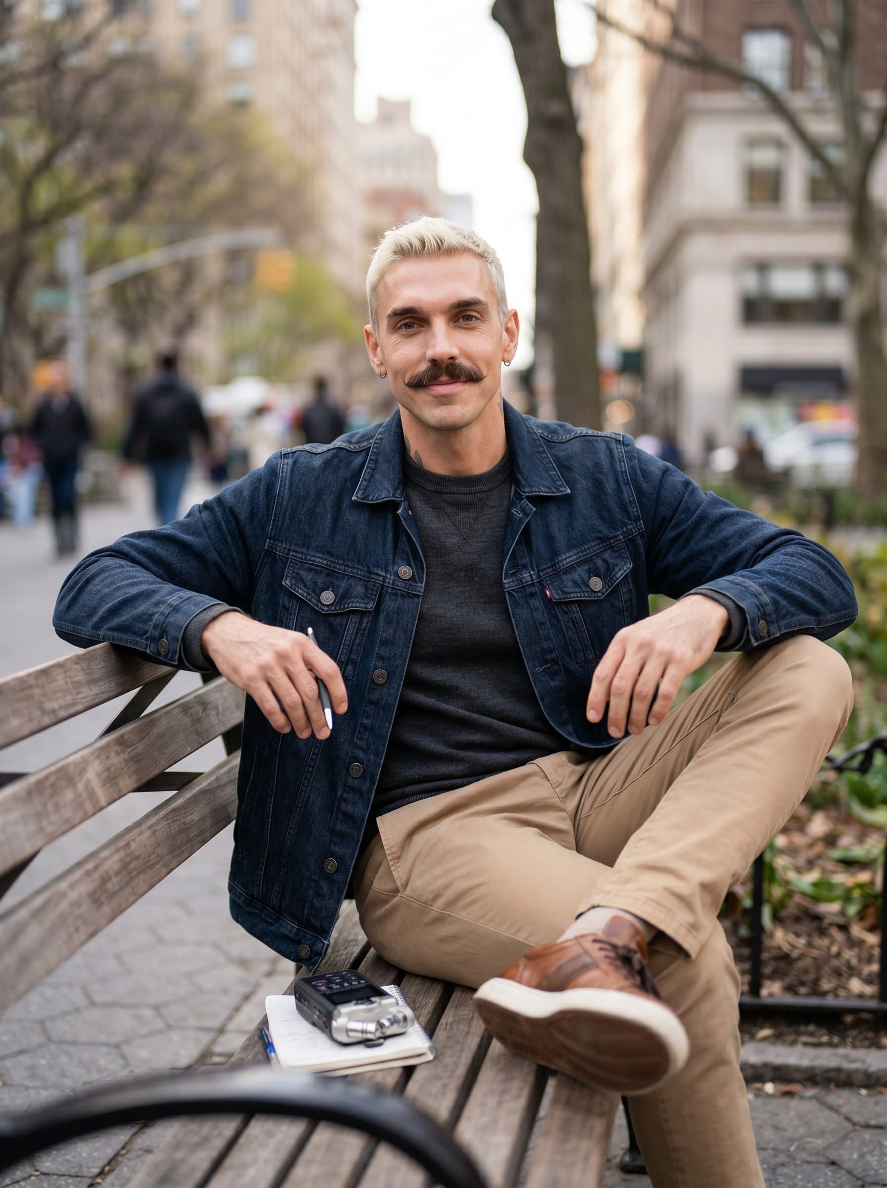 With a soft-focus urban park behind, is dressed in casual weekend attire. Their relaxed, yet attentive expression suggests a well-rounded journalist who values balance and authenticity.