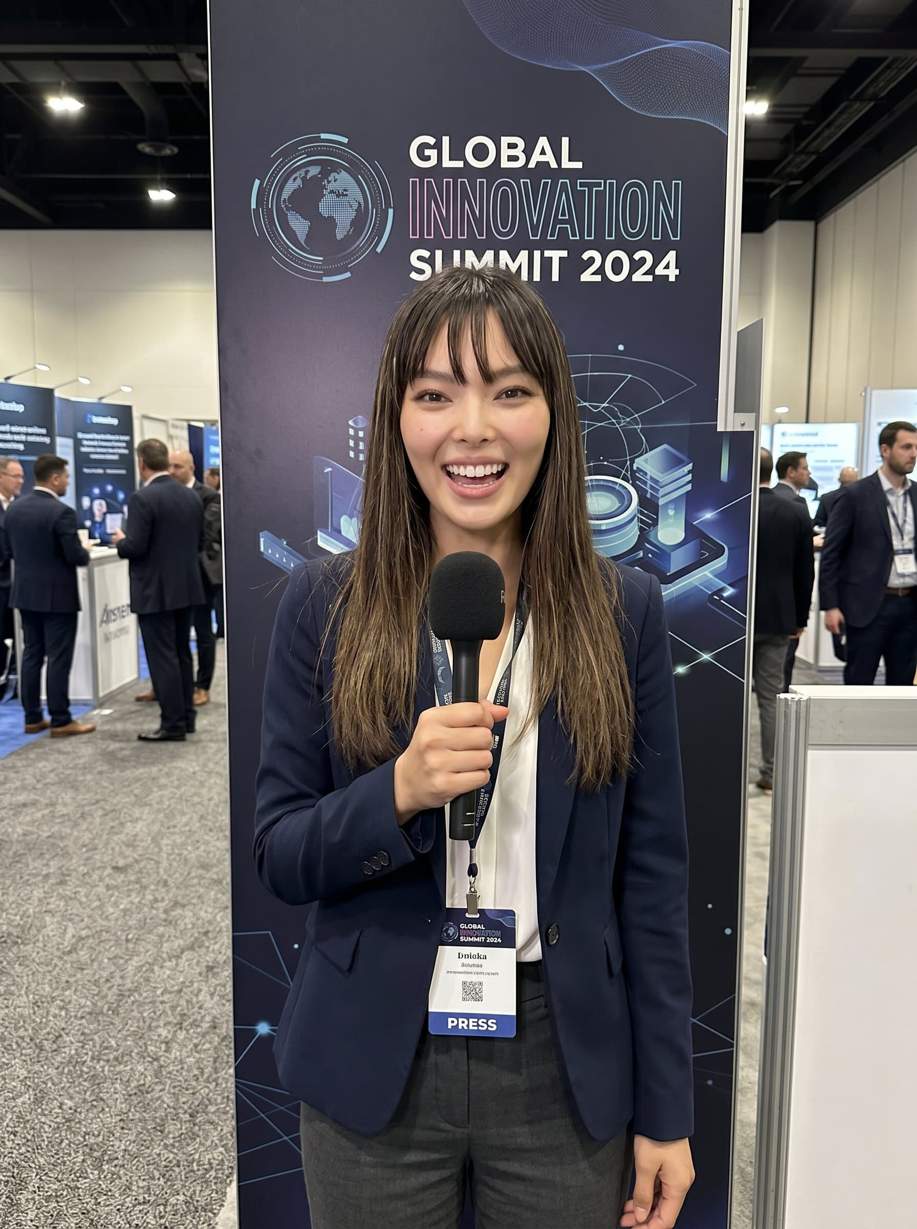 At a conference, stands in front of a sleek banner, holding a microphone. Their attire is business-casual, and their expression is engaging, embodying the vibrant energy of live reporting.