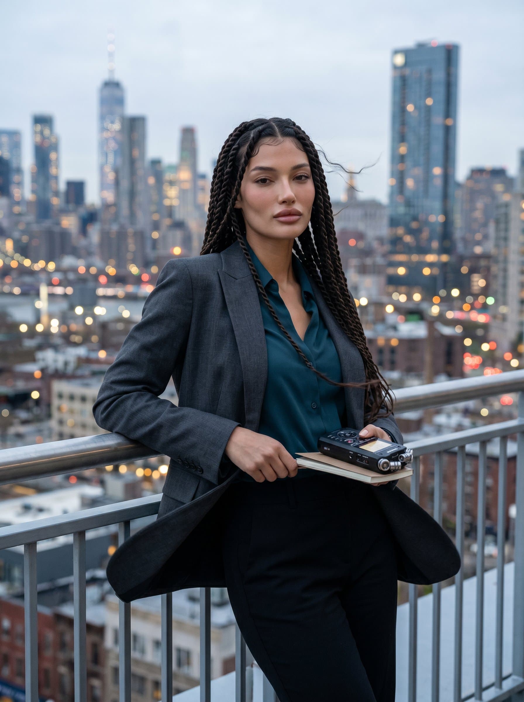 leans casually on a railing overlooking a cityscape. A gentle breeze creates movement in their attire, complementing their calm and assertive expression, perfectly fitting a journalist's authentic image.
