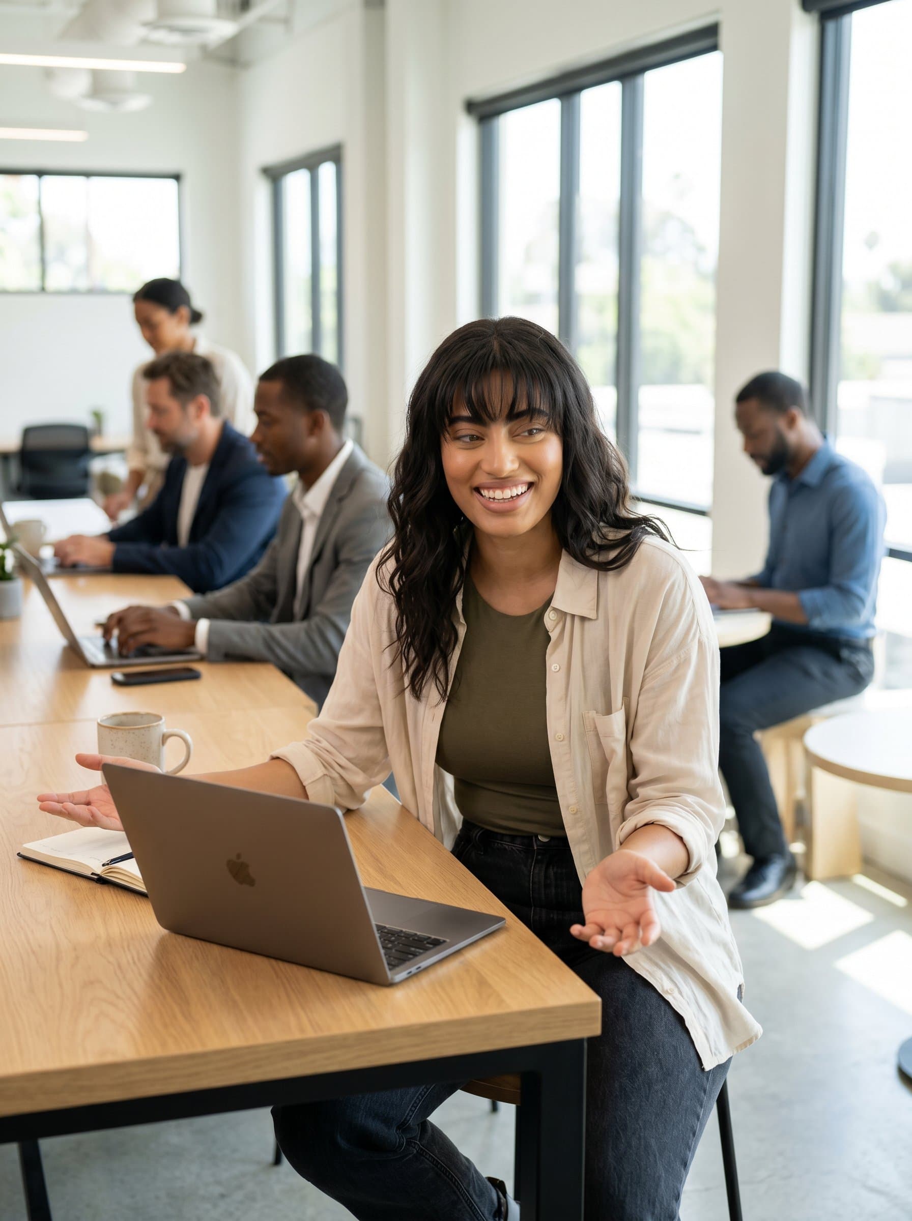 In a bright coworking space, appears with a laptop open on a shared table. Their contemporary casual attire and open body language speak to an adaptable, approachable media professional.