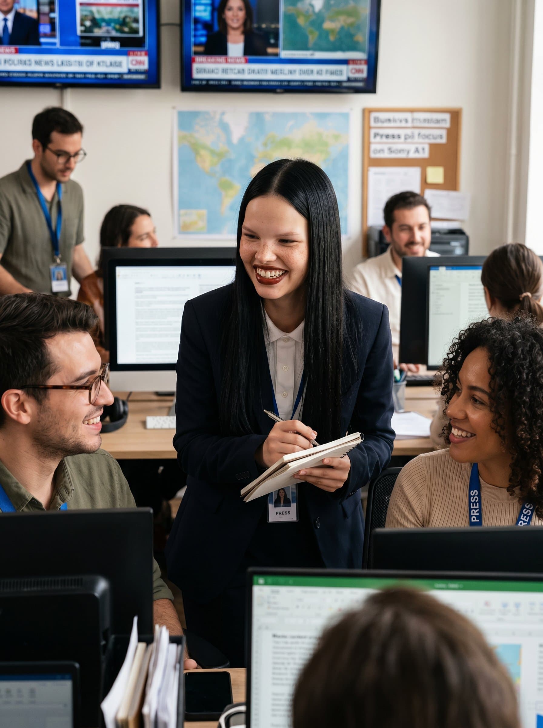 is pictured in a cozy newsroom, surrounded by colleagues. Their engaging smile and relaxed posture in a smart outfit express a collaborative spirit, perfect for depicting a team-oriented journalist.