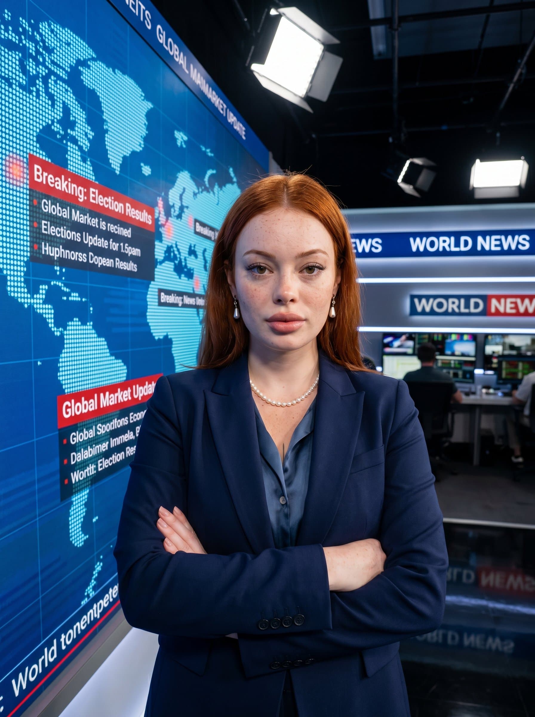 In front of a digital map displaying global news, stands with their arms crossed, wearing a stylish blazer. The setup highlights their authoritative presence in the dynamic world of journalism.