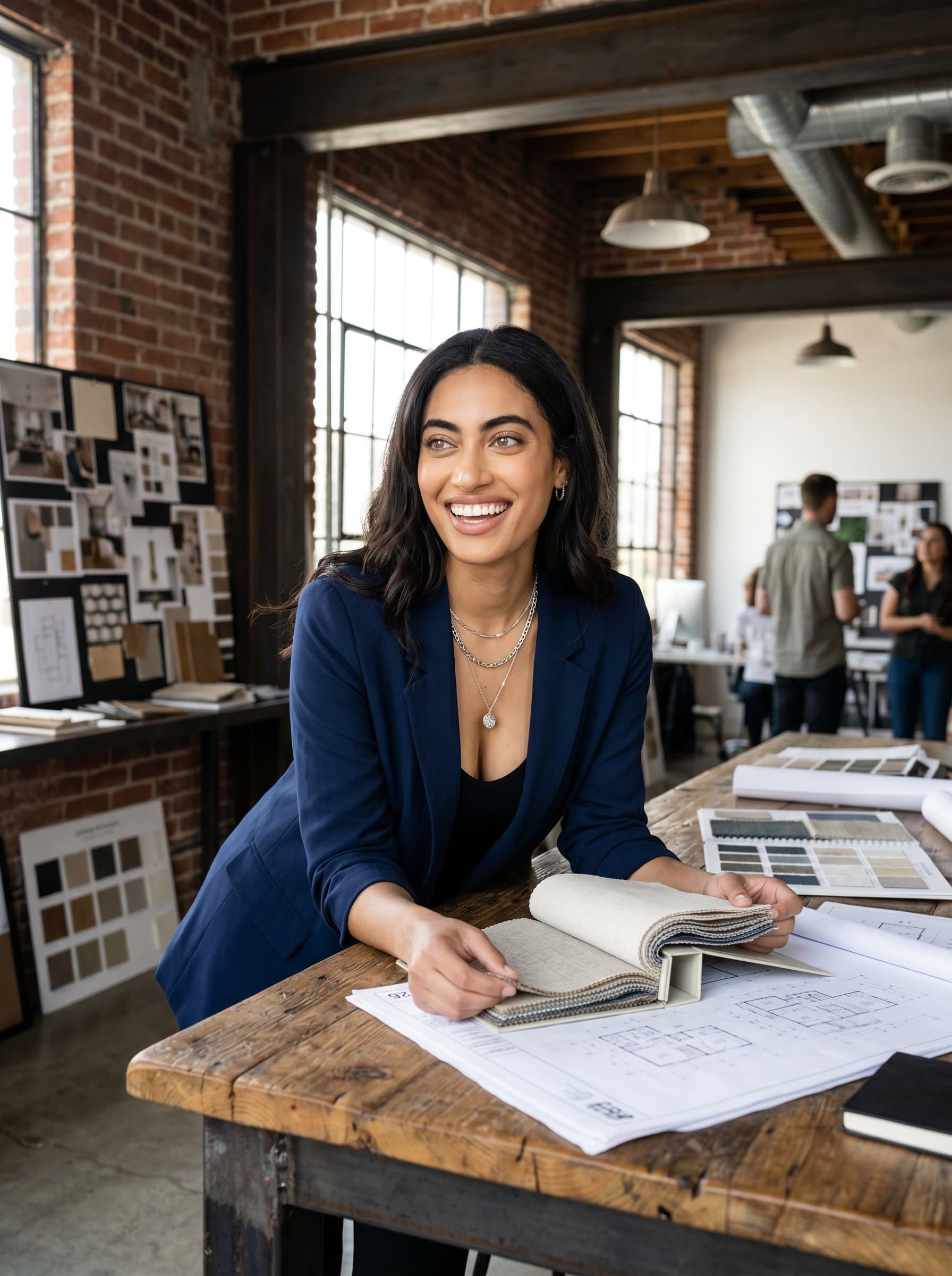 an interior designer, portrayed in an industrial-chic office environment. The woman should appear approachable and innovative, with a focus on their expressive eyes that convey a passion for design.