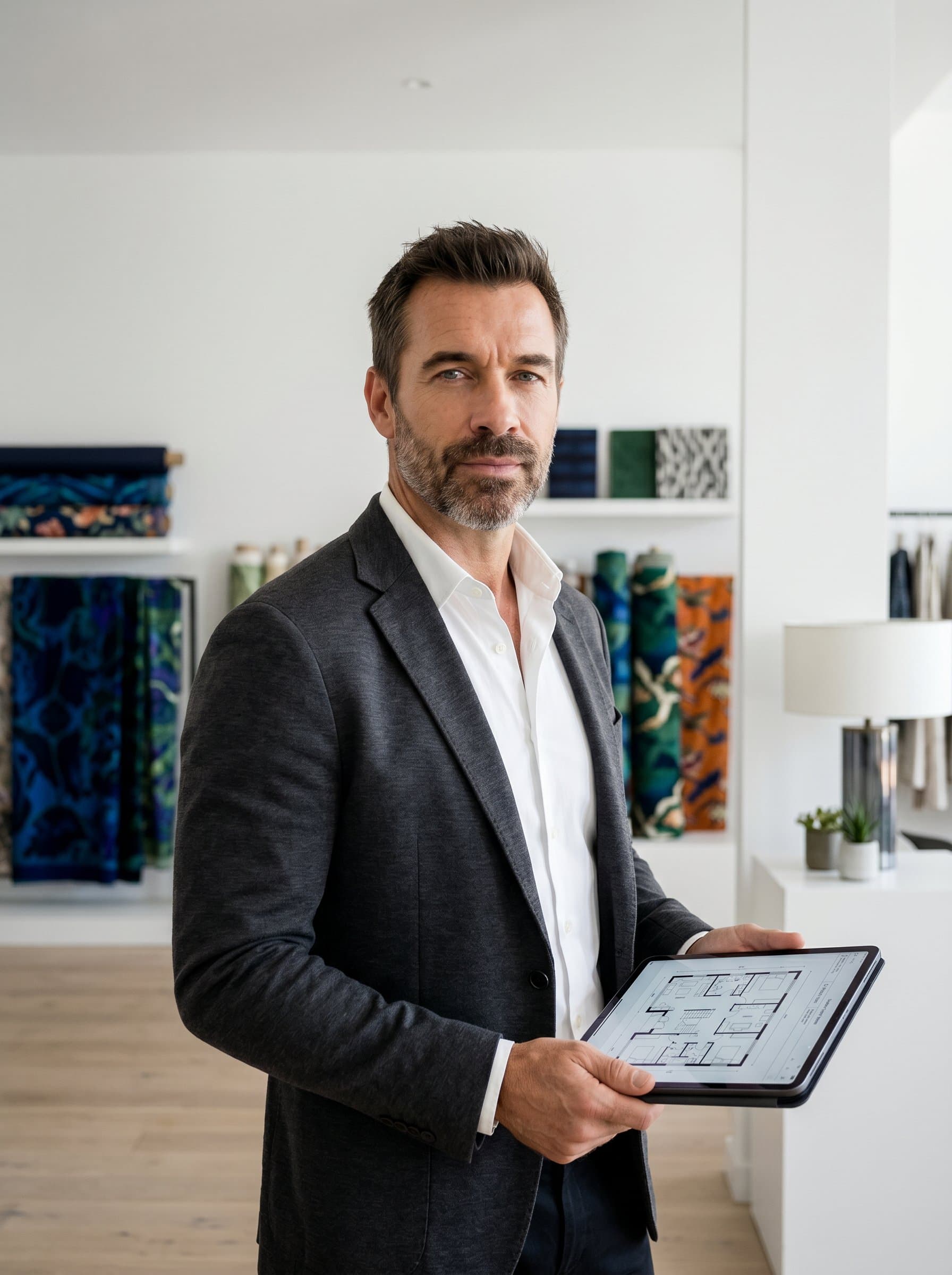 as an interior designer, portrayed in a minimalist studio. The focus is on the man's confident expression, with subtle hints of vibrant textiles in the background to reflect their innovative design flair.