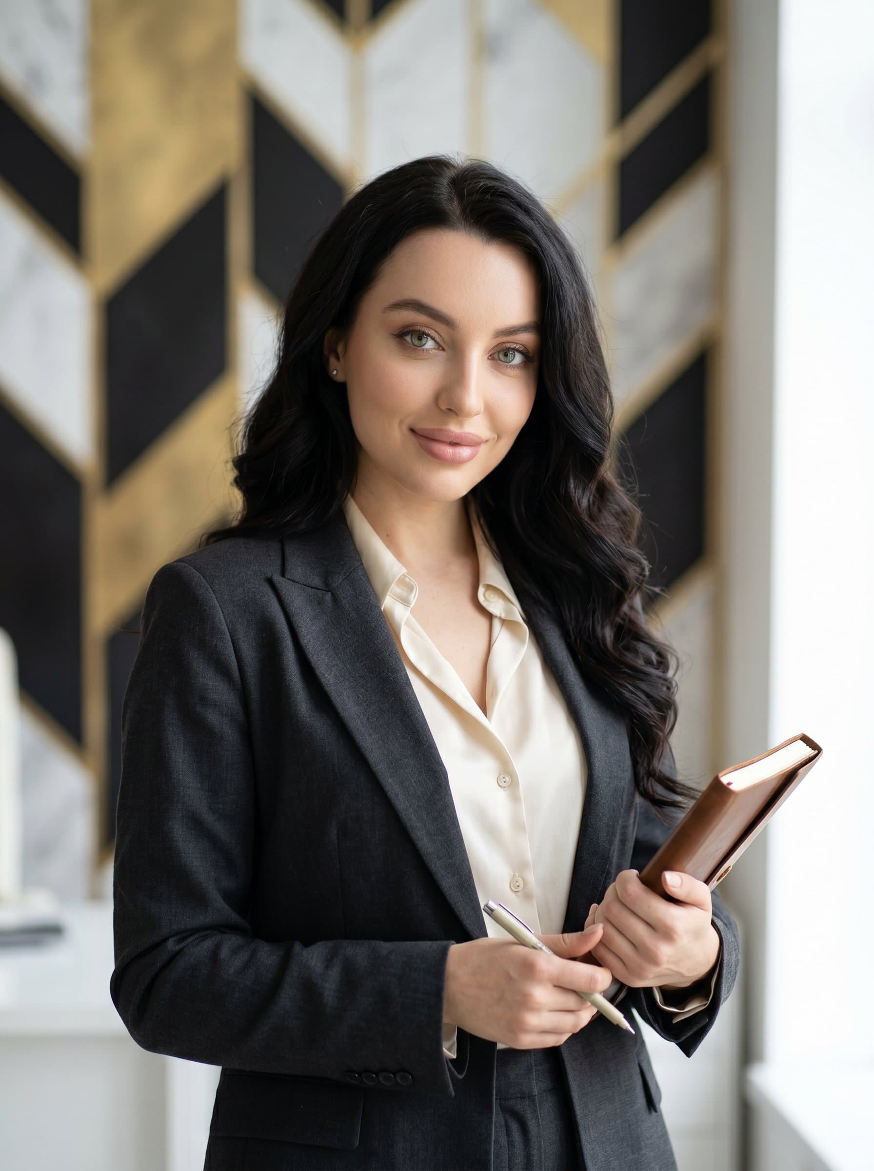 A headshot of an interior designer, with a sleek modern backdrop of geometric patterns. The woman should wear smart casual attire, conveying a creative yet professional aura through a soft, natural expression.
