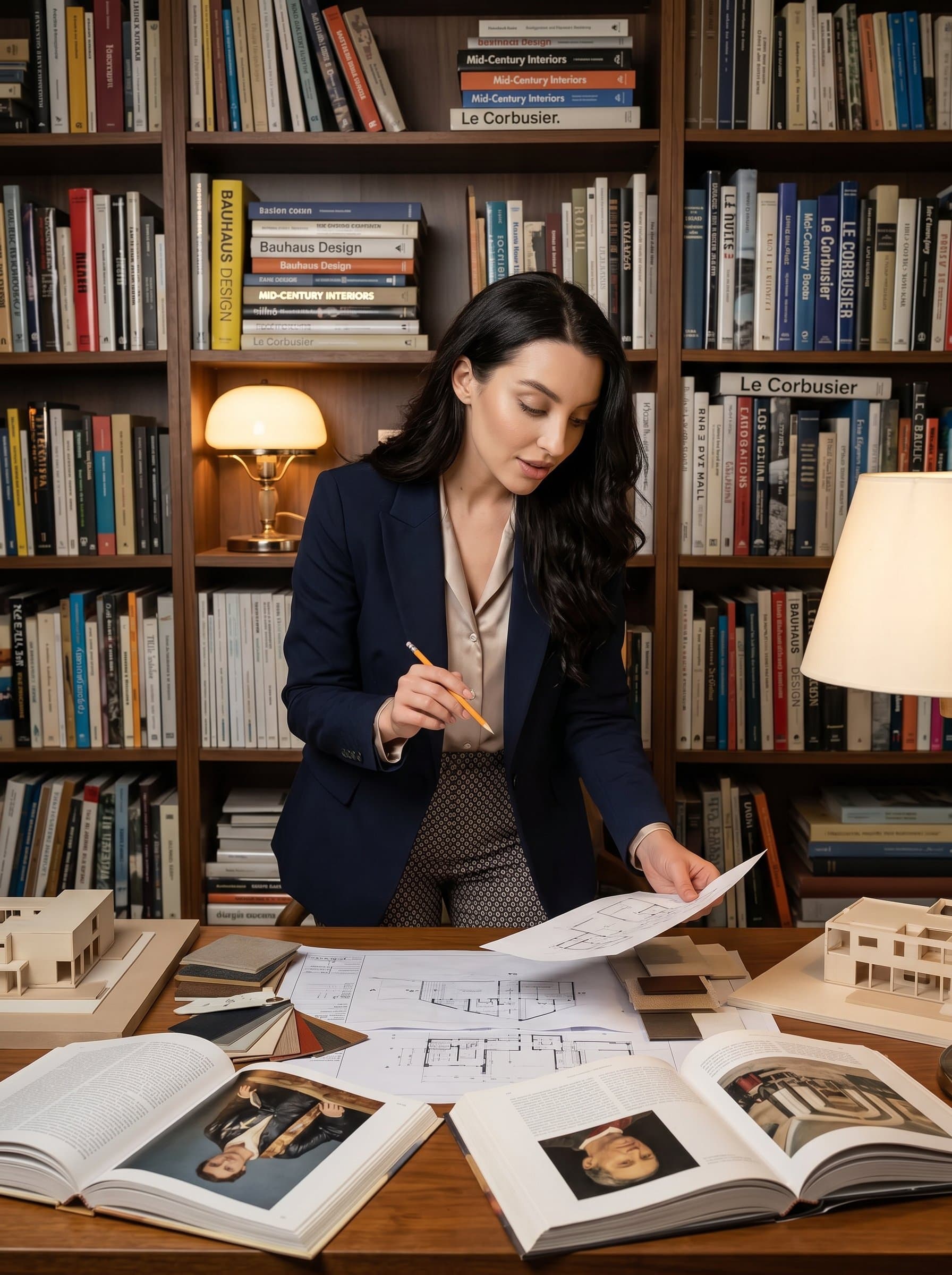 an interior designer, captured in a study filled with design books and sketches. The shot should convey intelligence and curiosity, with the woman's attire reflecting a blend of modern and classic influences.