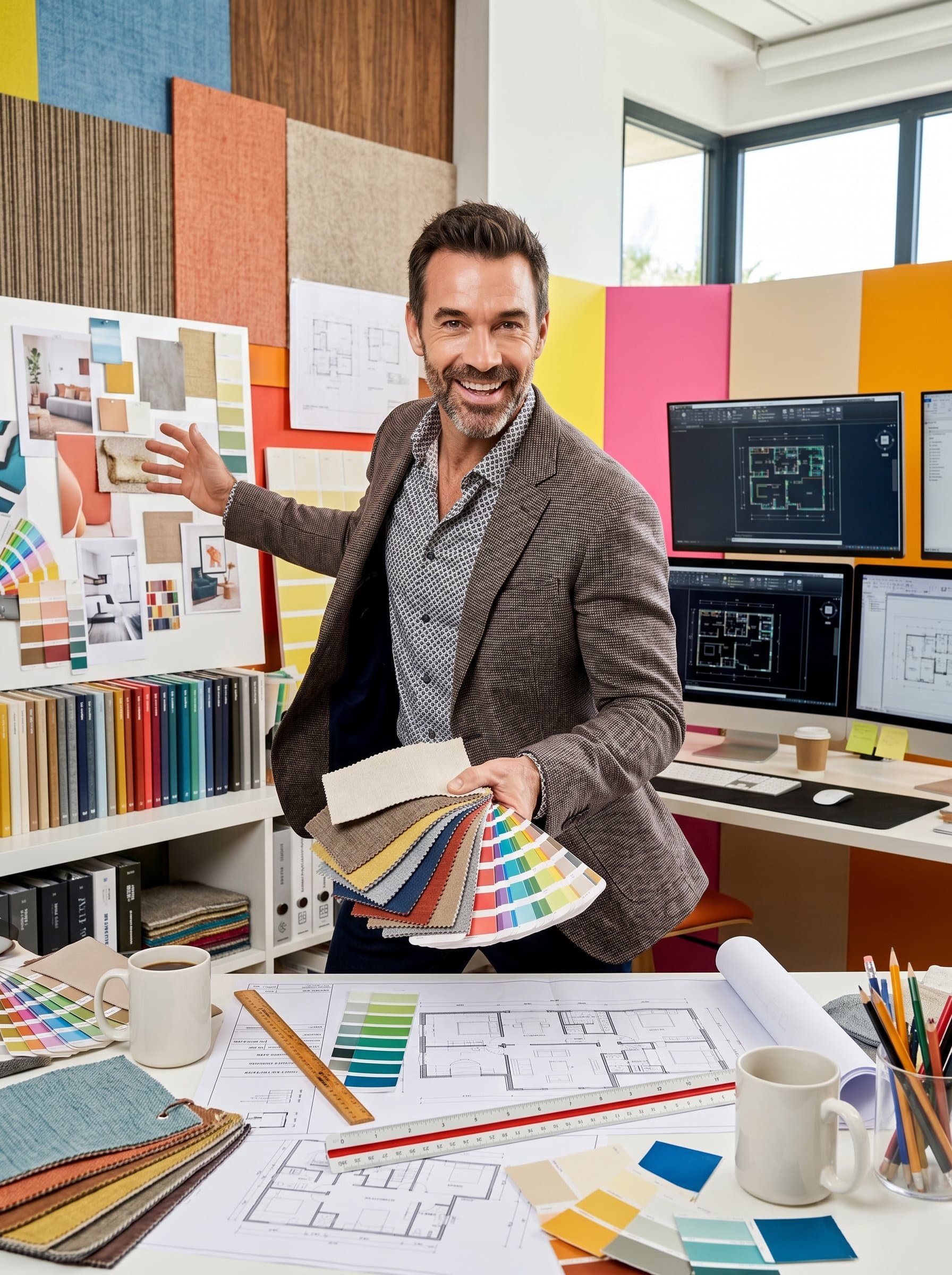 A dynamic portrait of an interior designer, captured in motion amidst a vibrant workspace. The image should convey enthusiasm and creativity, with the man surrounded by various design tools.