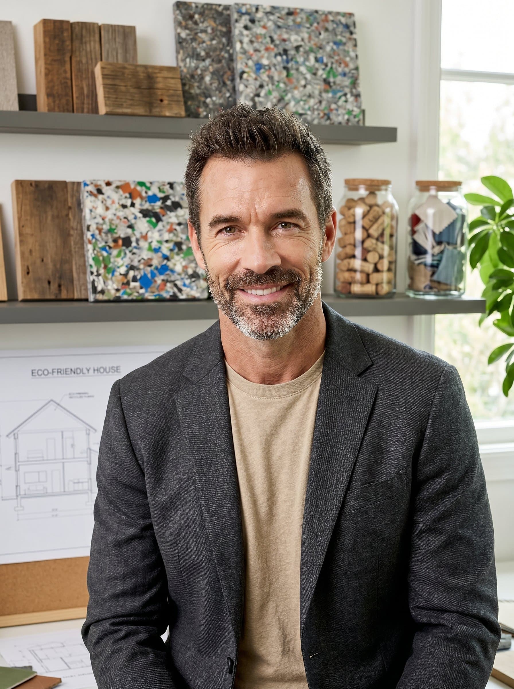 portrayed as an interior designer with a focus on sustainable design. The headshot should include recycled materials as part of the background, reflecting the man's dedication to eco-friendly practices.