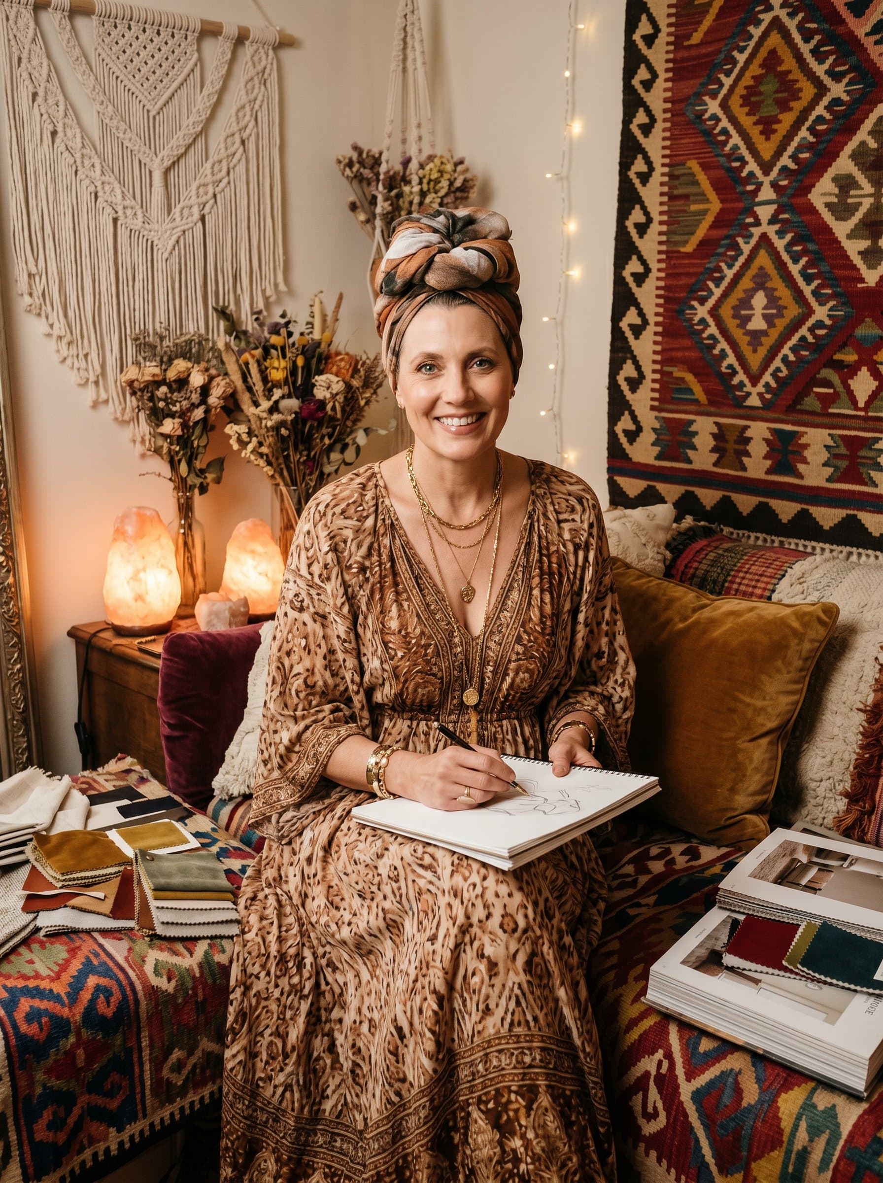 Capture an interior designer, in a cozy, bohemian setting filled with textured fabrics and warm lighting. The woman should appear welcoming and creative, with an artistic touch to their overall look.