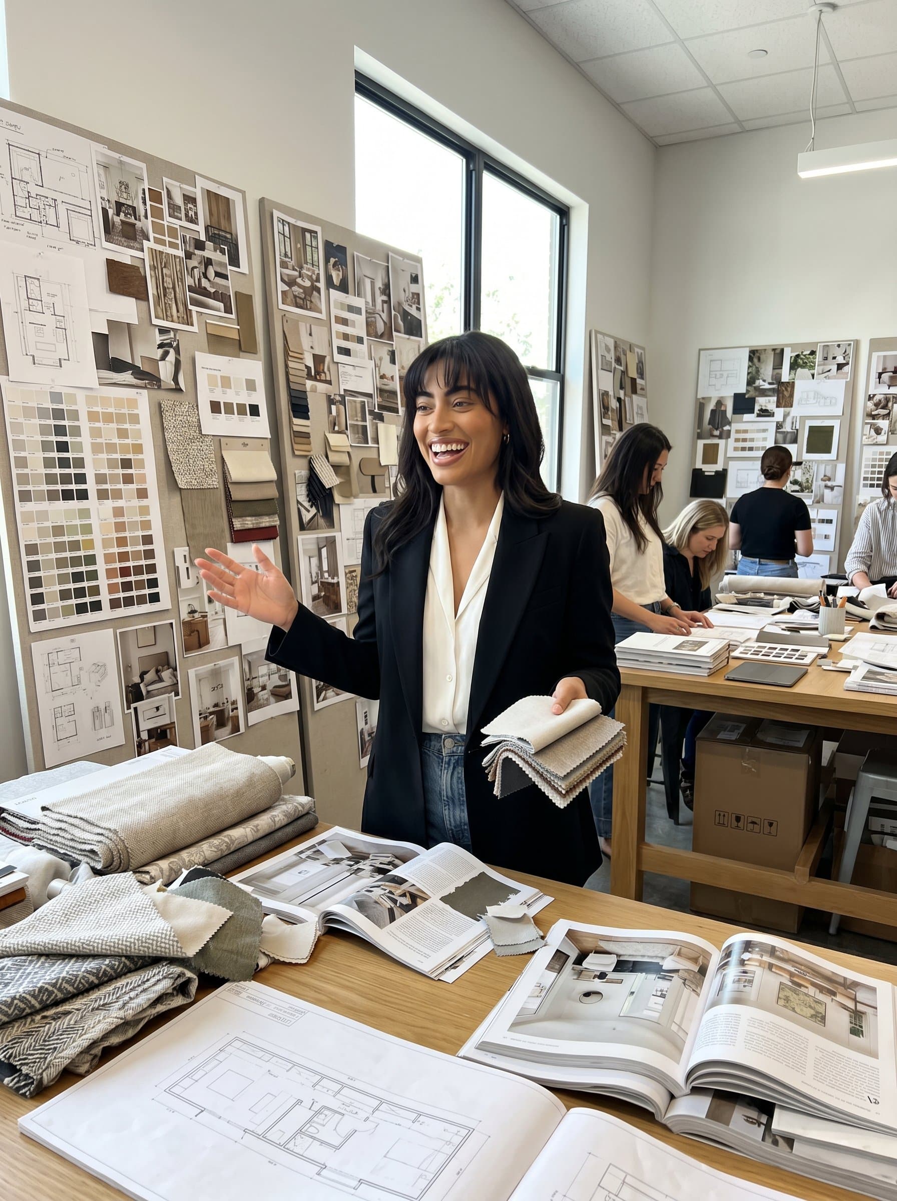 Capture an interior designer, in a bustling studio filled with mood boards and fabric swatches. The setting suggests a dynamic work environment that complements the woman's lively and energetic demeanor.