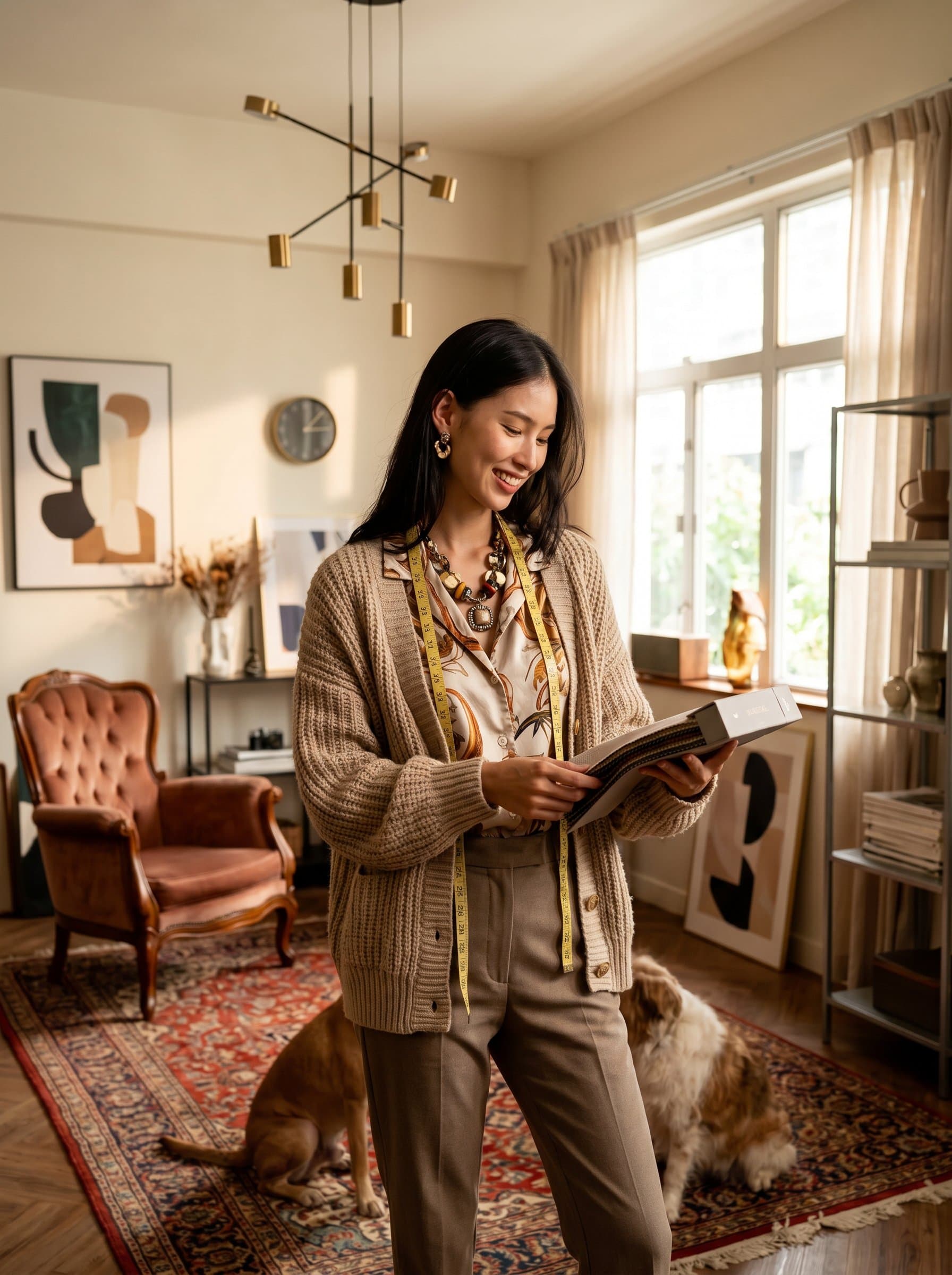 Capture an interior designer, in a warmly lit space filled with a blend of vintage and modern decor. The woman's attire is stylishly eclectic, hinting at their experimental approach to design.
