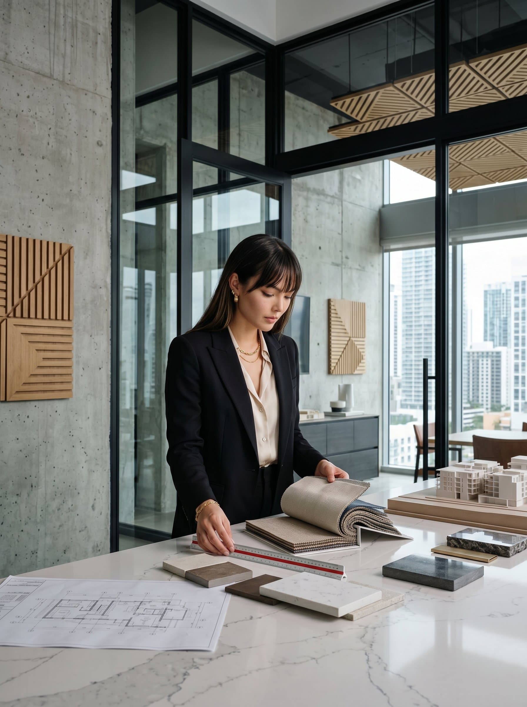 as an interior designer, with a background of striking architectural elements. The shot should highlight the woman's attentiveness to detail, combined with a sophisticated, modern style in their attire.