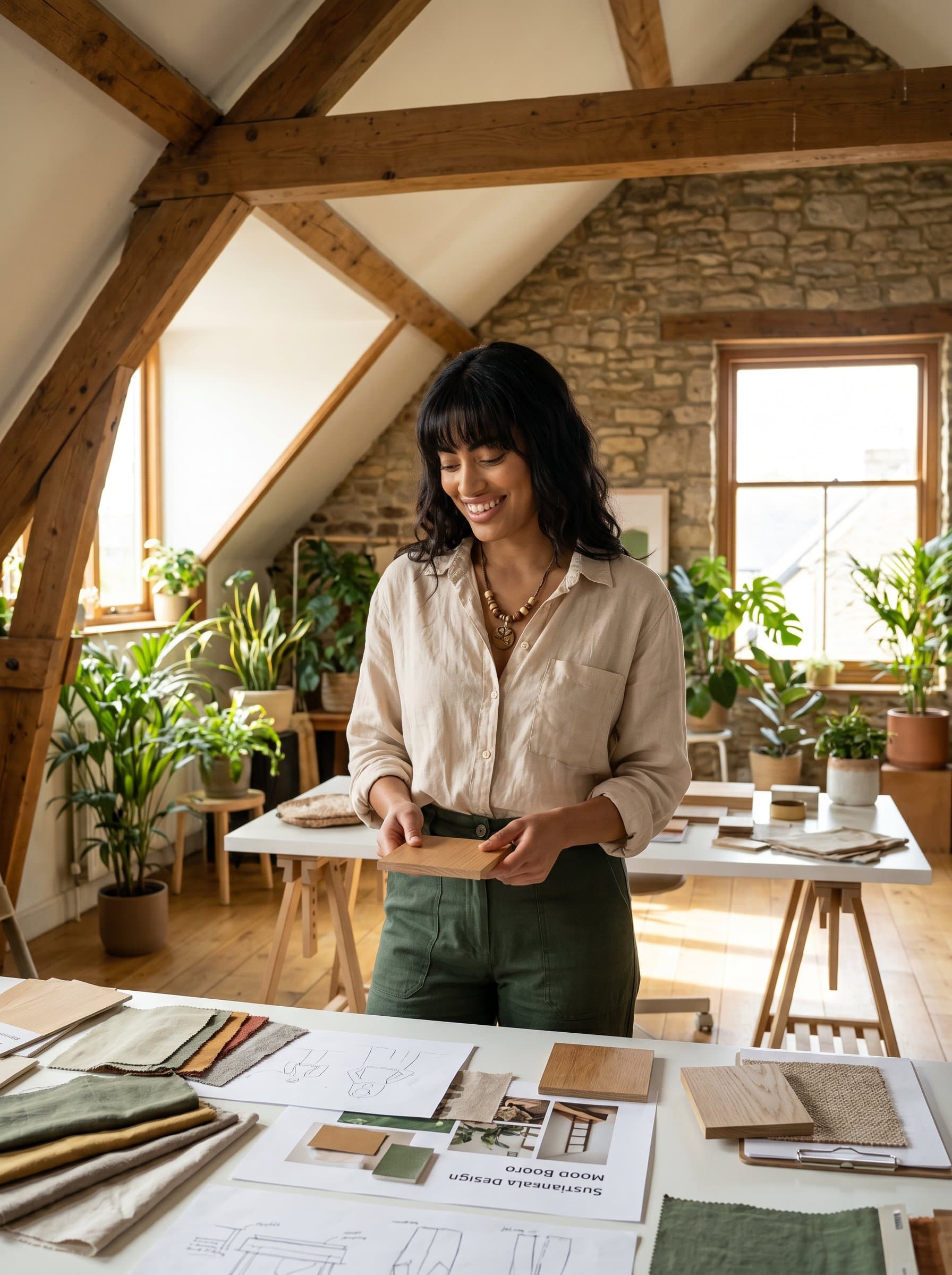 A portrait of an interior designer, set in a sun-drenched loft. The scene includes elements of natural materials, such as wood and stone, highlighting the woman's commitment to sustainable design practices.