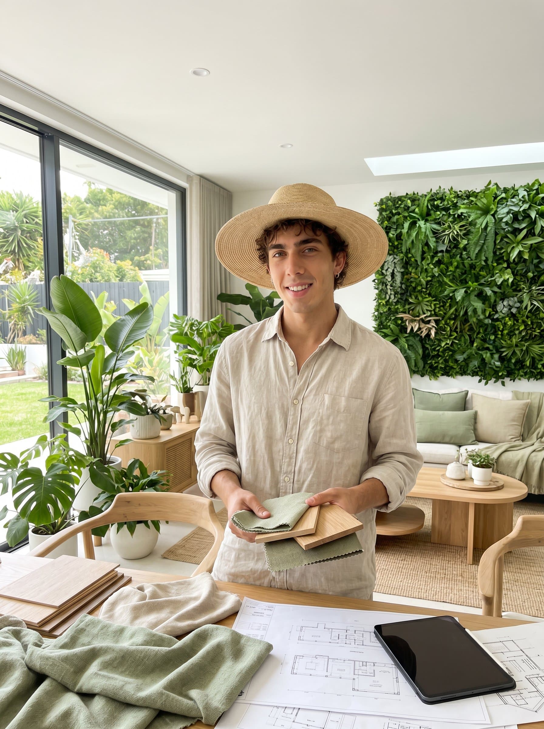Capture the essence of an interior designer, in a well-lit space adorned with lush greenery. The backdrop should have soft hues, emphasizing the man's connection to biophilic and nature-inspired designs.