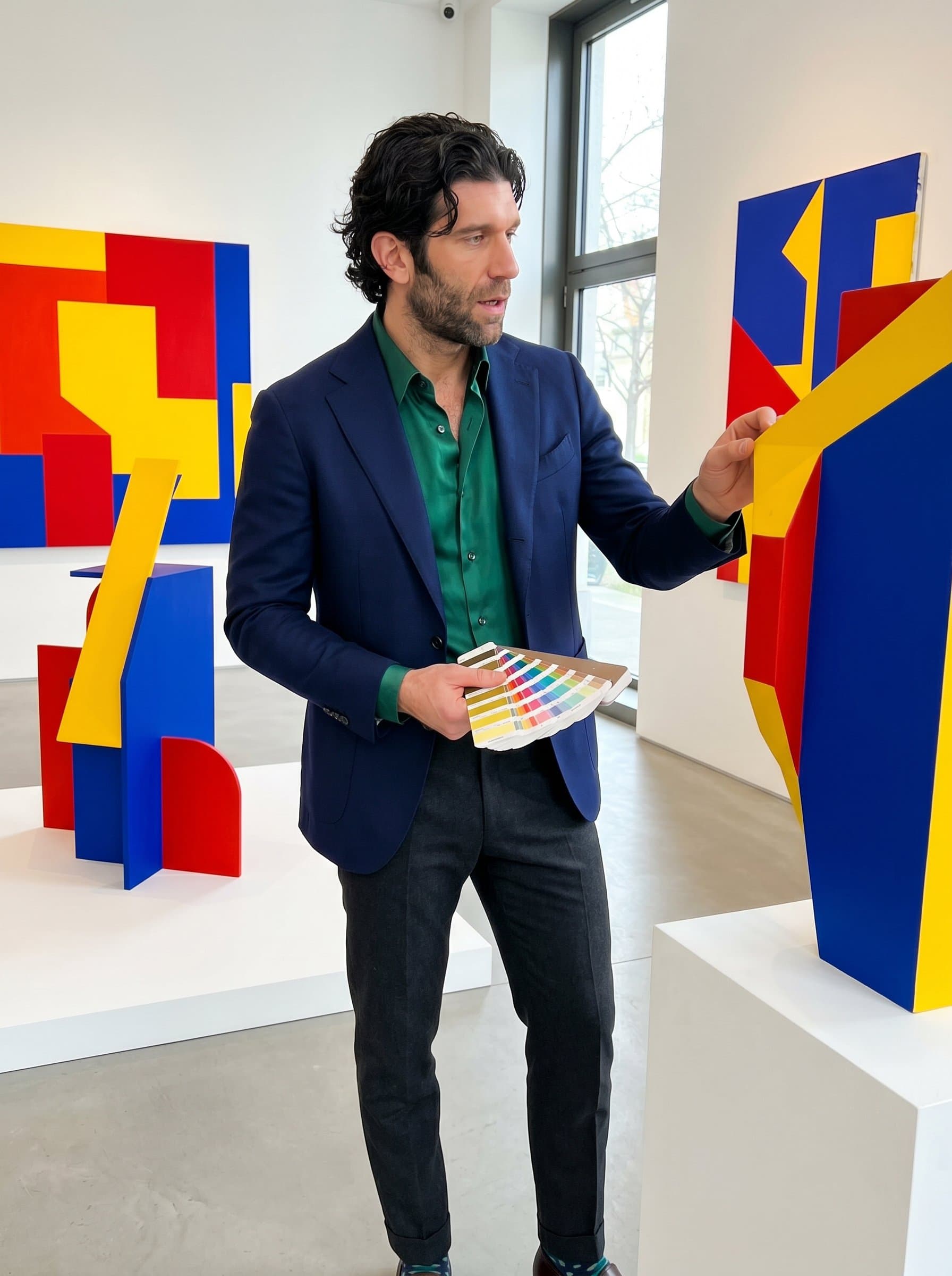 depicted as an interior designer against a backdrop of contemporary art. The color palette should be bold, with the man's attire complementing the tones, showcasing a balance between professionalism and artistic creativity.