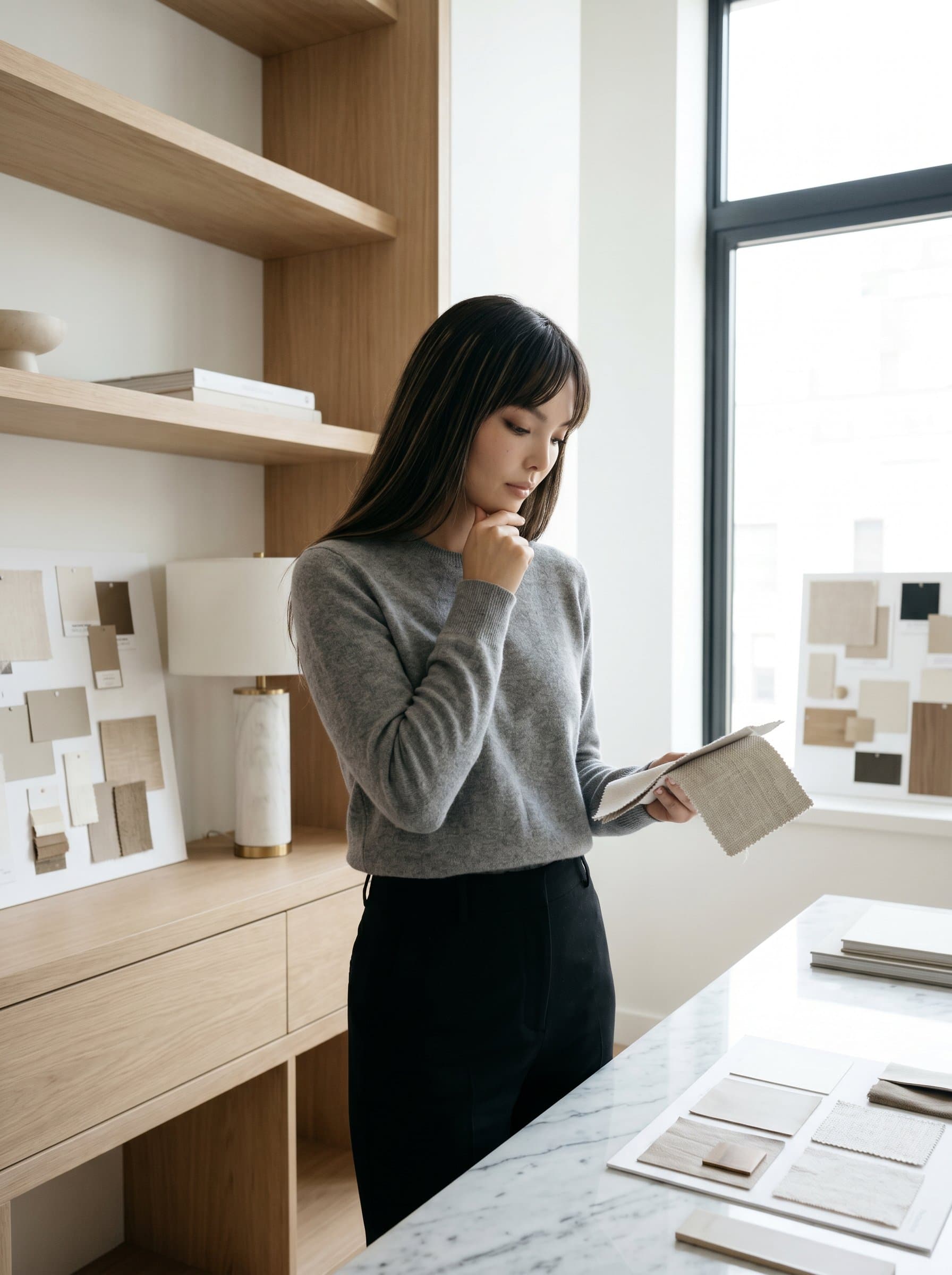 depicted as an interior designer in a serene, minimalist setting. The emphasis is on clean lines and neutral tones, with the woman's thoughtful gaze highlighting their contemplative nature.
