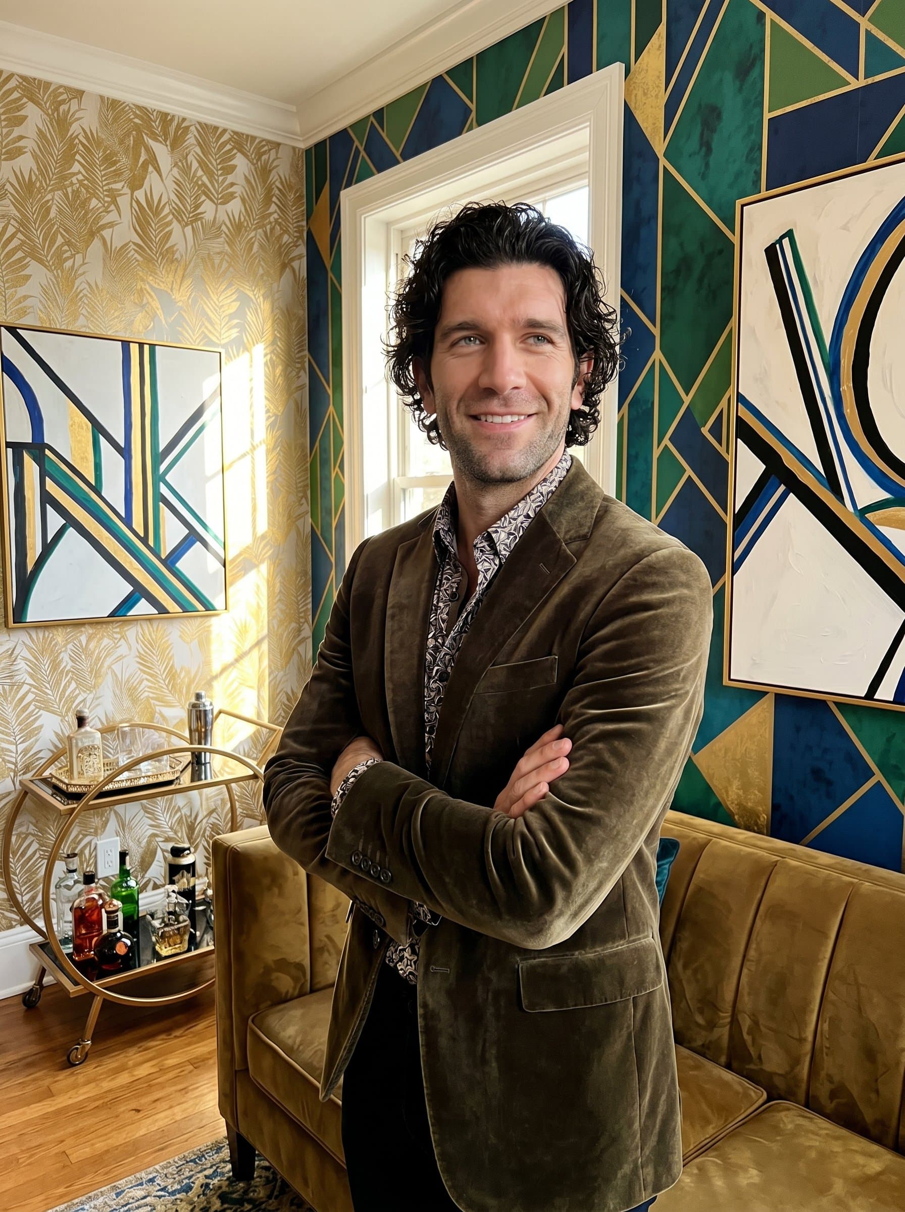 An interior designer, in a vibrant, art-deco inspired room. The focus is on the man's confident posture and serene expression, reflecting their flair for blending historical elements with contemporary design.