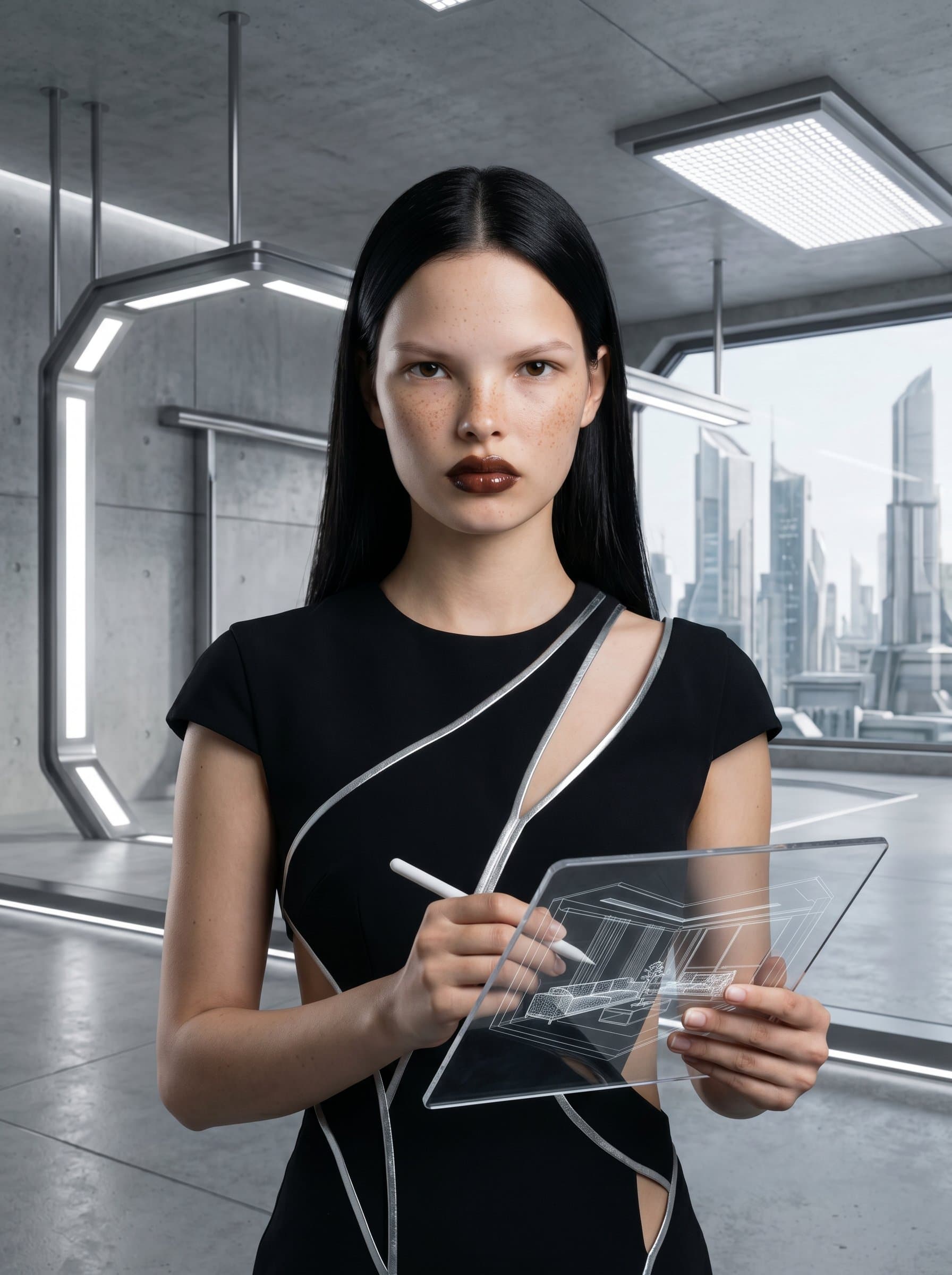A headshot of an interior designer, in a futuristic space with clean, metallic lines. The woman's attire should be sleek and modern, suggesting a forward-thinking and innovative design approach.
